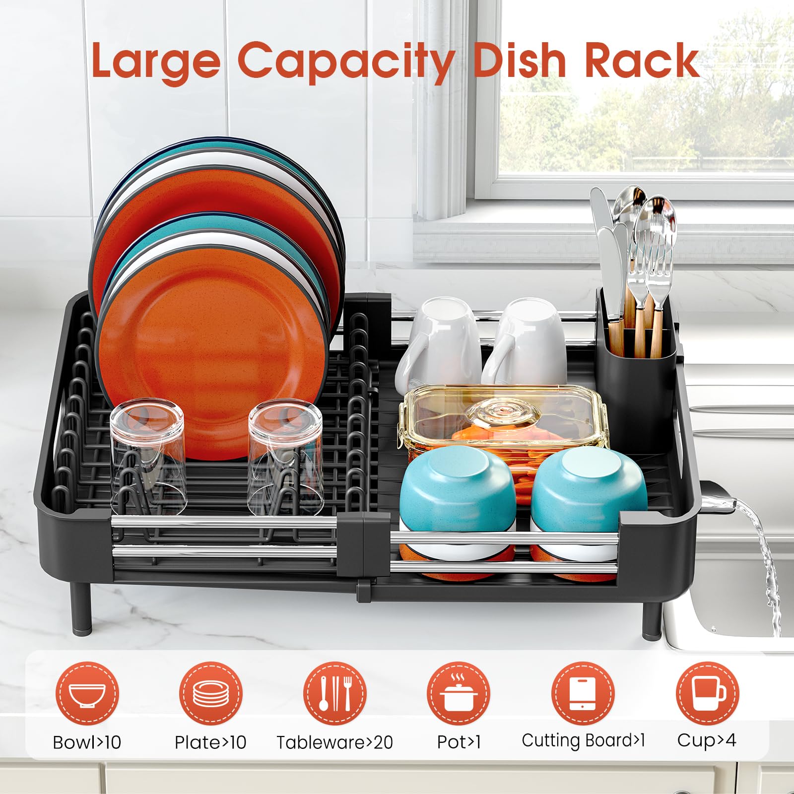 Expandable Dish Drying Rack with Cutlery Holder