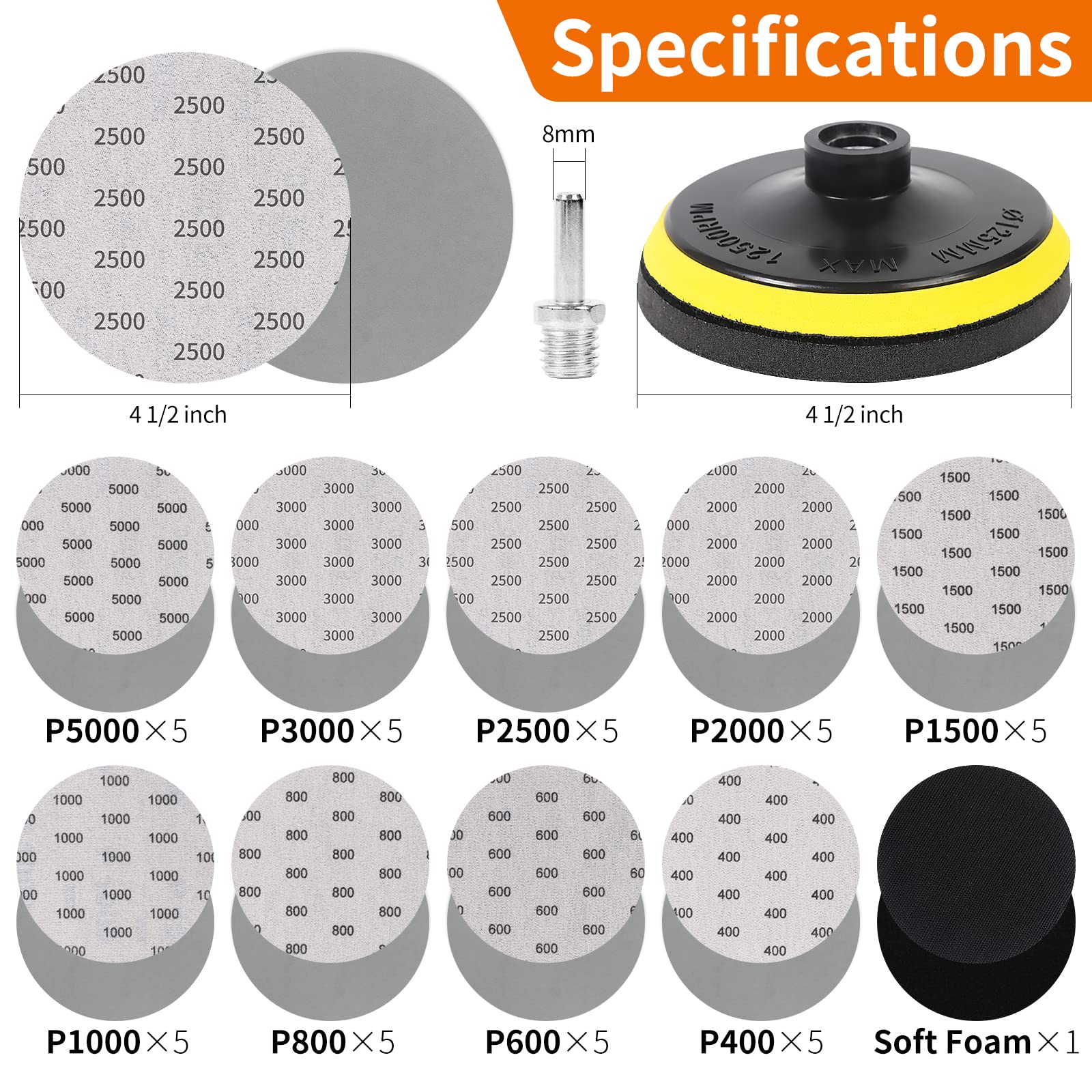 45PCS 5 Inch Wet Dry Sanding Discs Kit with Hook and Loop Backing Pad 5