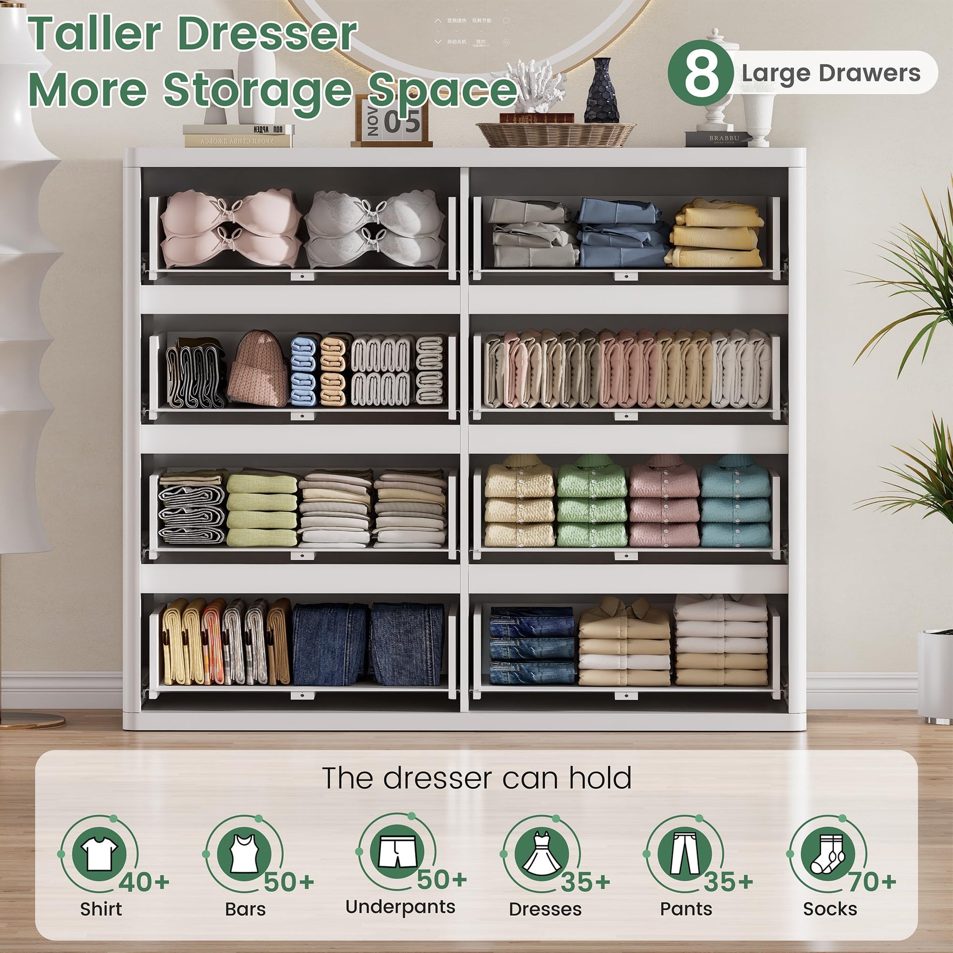 White 8 Drawer Dresser for Bedroom