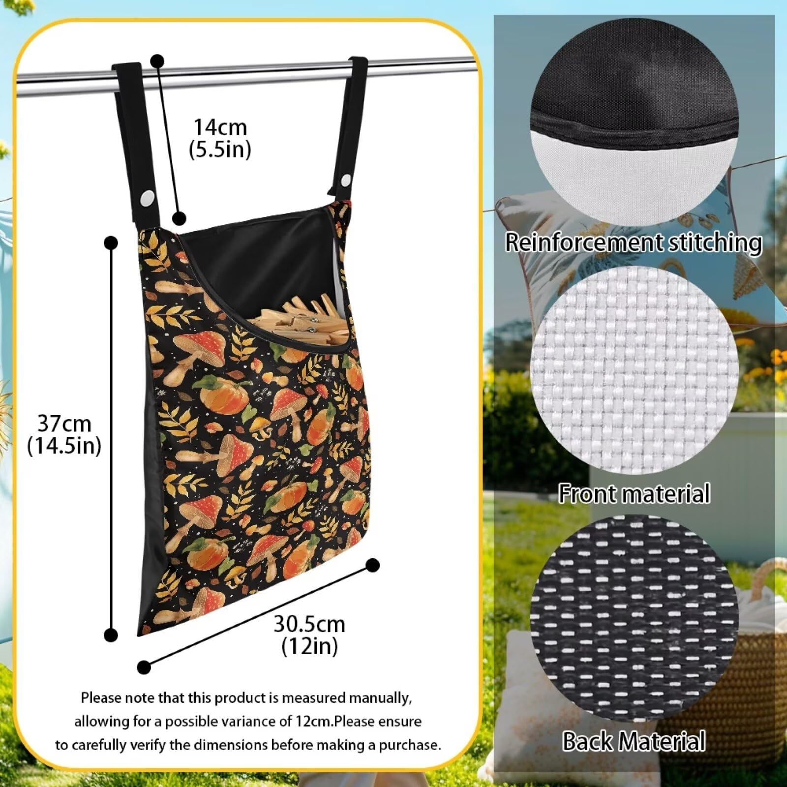 Orange Mushroom Clothespin Storage Hanger Bags Pumkpin Laundry Clothespin Bag with Large Opening