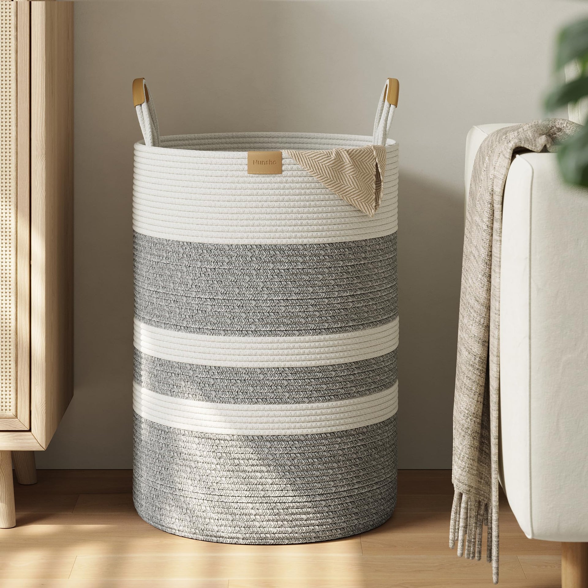 95L Striped Laundry Hamper with Leather Handles