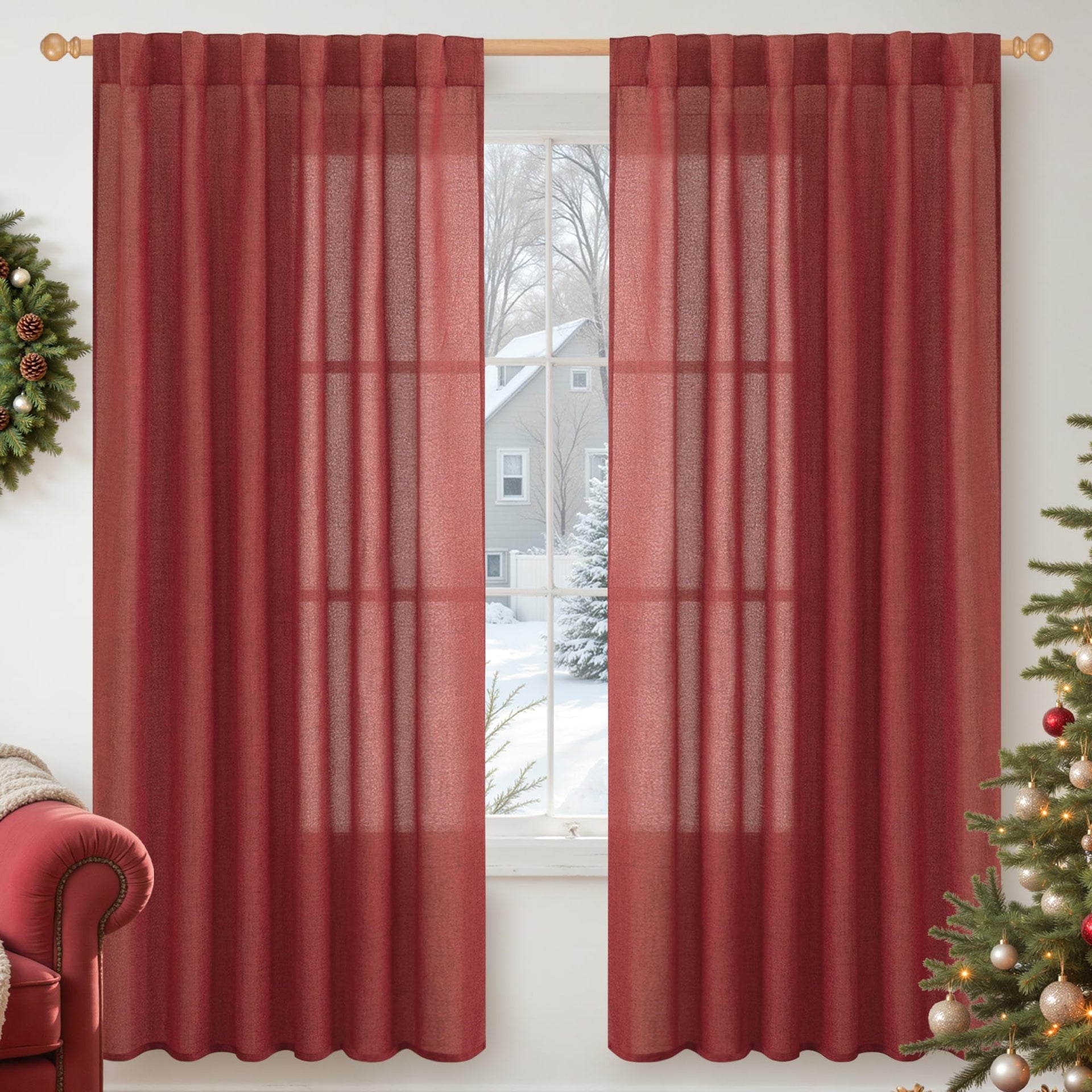 Burgundy Red Linen Curtains for Living Room 72 Inches Long (2 Count)