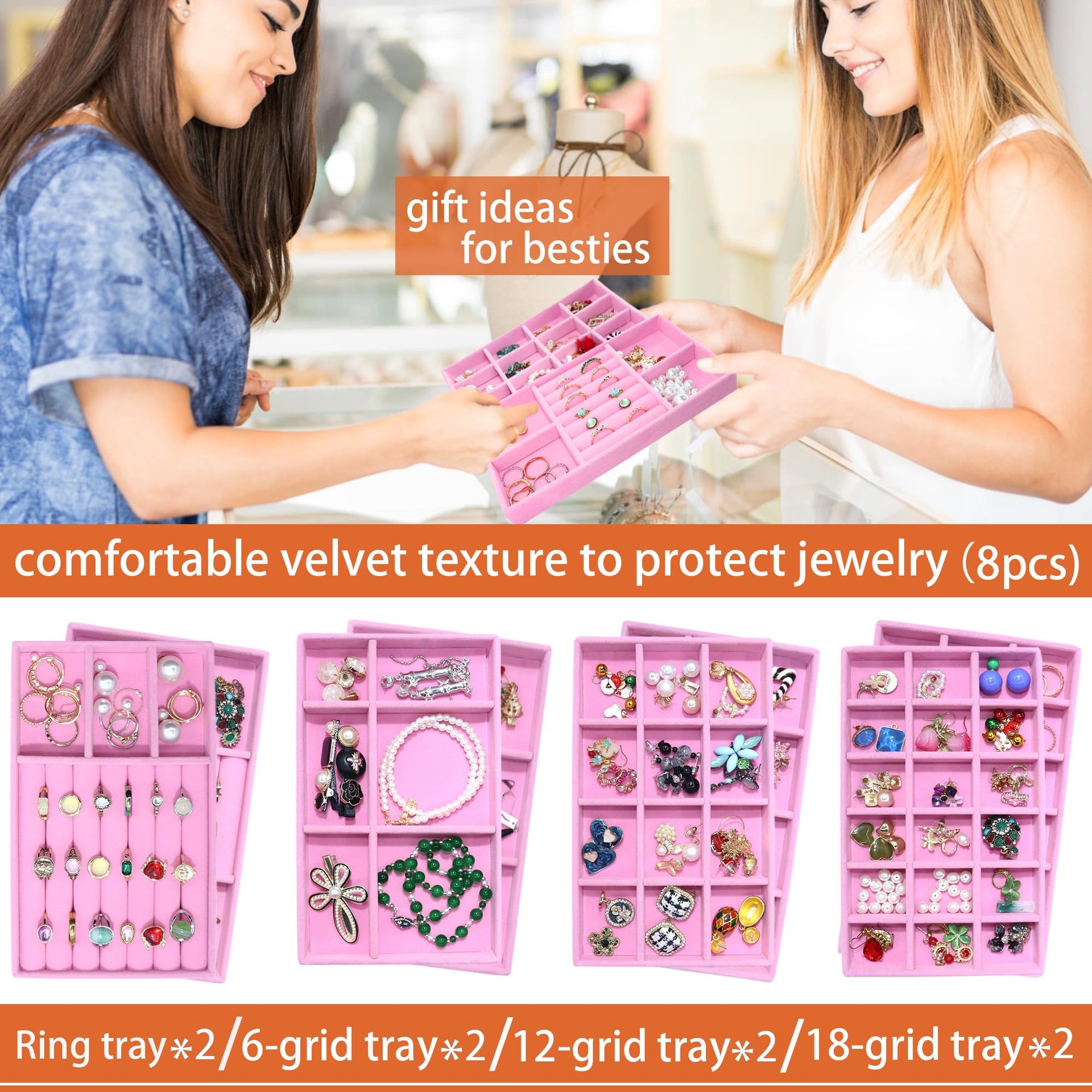8 Pack Stackable Jewelry Trays Organizer Velvet Earring Organizer Jewelry Tray for Drawers Earring Holder Necklace Bracelet Ring Organizers (8 Count)