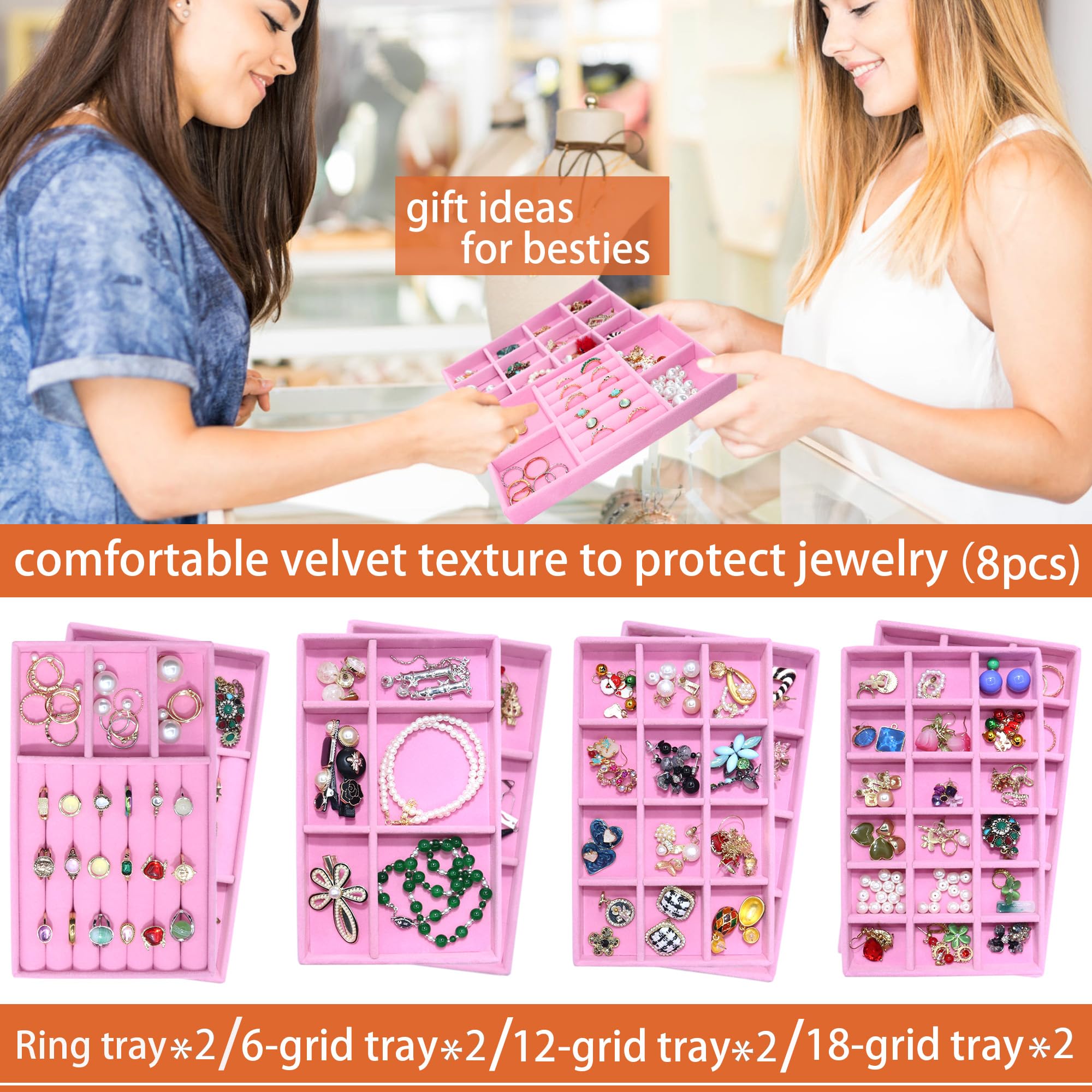 8 Pack Stackable Jewelry Trays Organizer Velvet Earring Organizer Jewelry Tray for Drawers Earring Holder Necklace Bracelet Ring Organizers (8 Count)