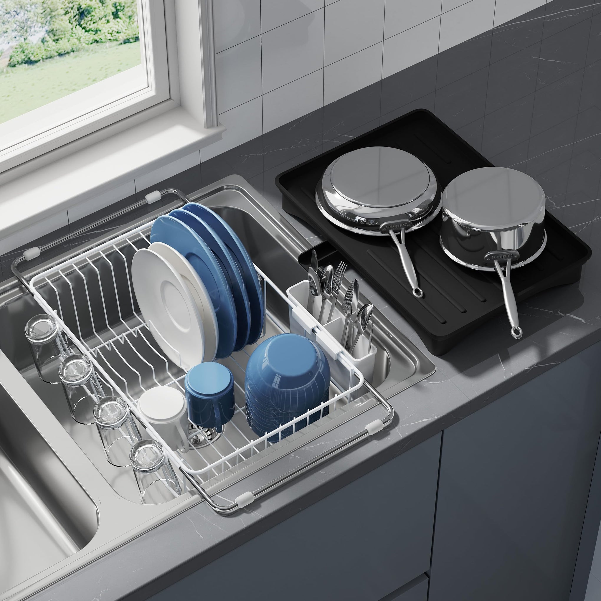 White Dish Drying Rack in Sink with Drainboard and Utensil Holder
