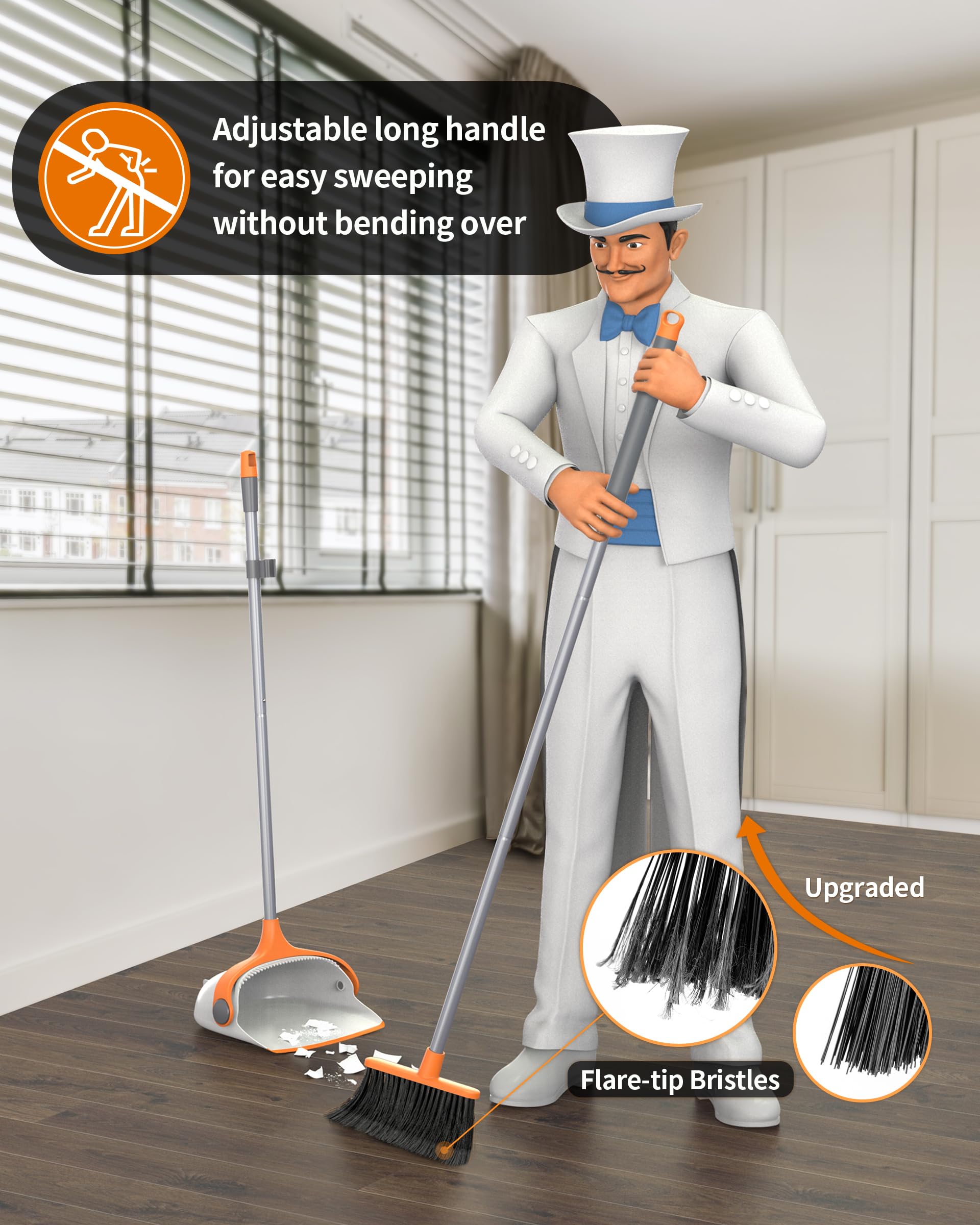Broom and Dustpan Set with Adjustable Long Handle