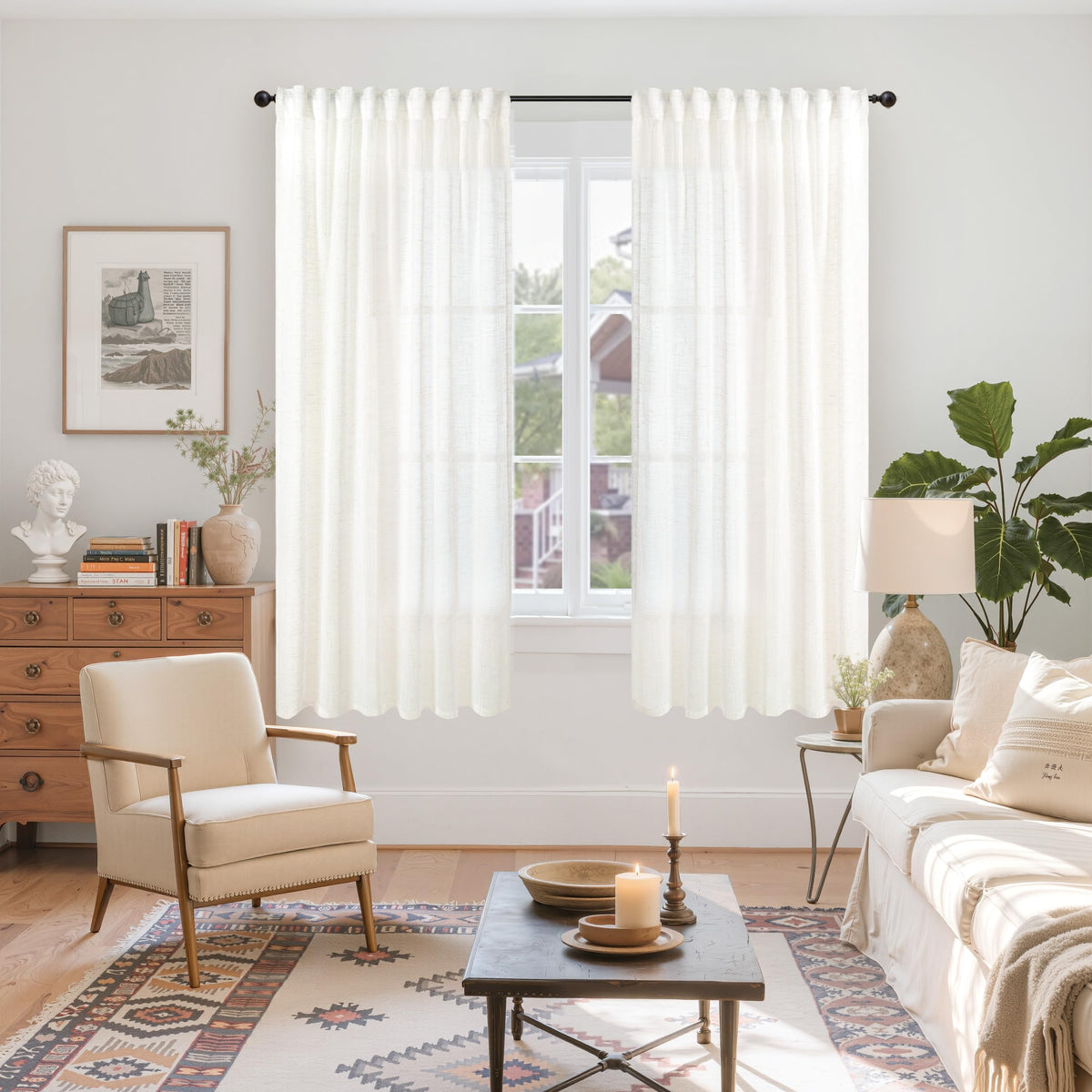 Ivory White Linen Semi Sheer Curtains 68 Inch Length for Living Room (2 Count)