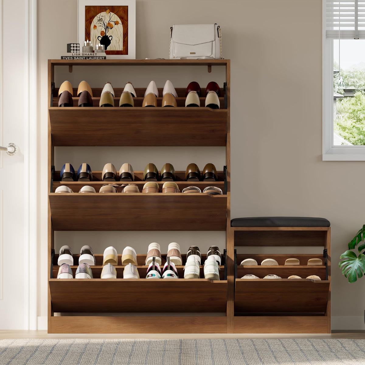 Shoe Cabinet with Bench and 3 Flip Drawers