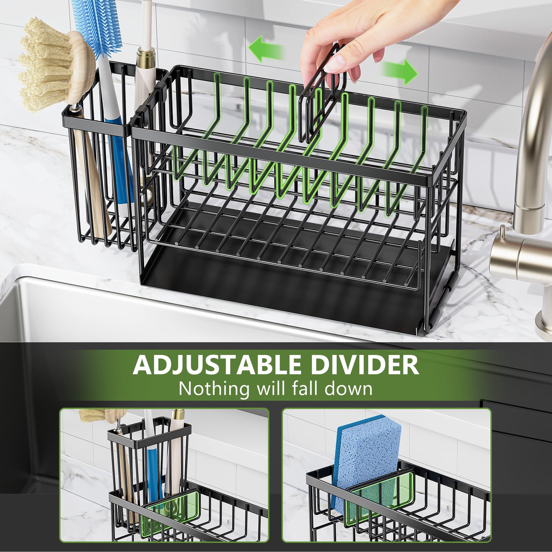 2 Tier Kitchen Sink Caddy Organzier Rack with Dish Brush Sponge Holder