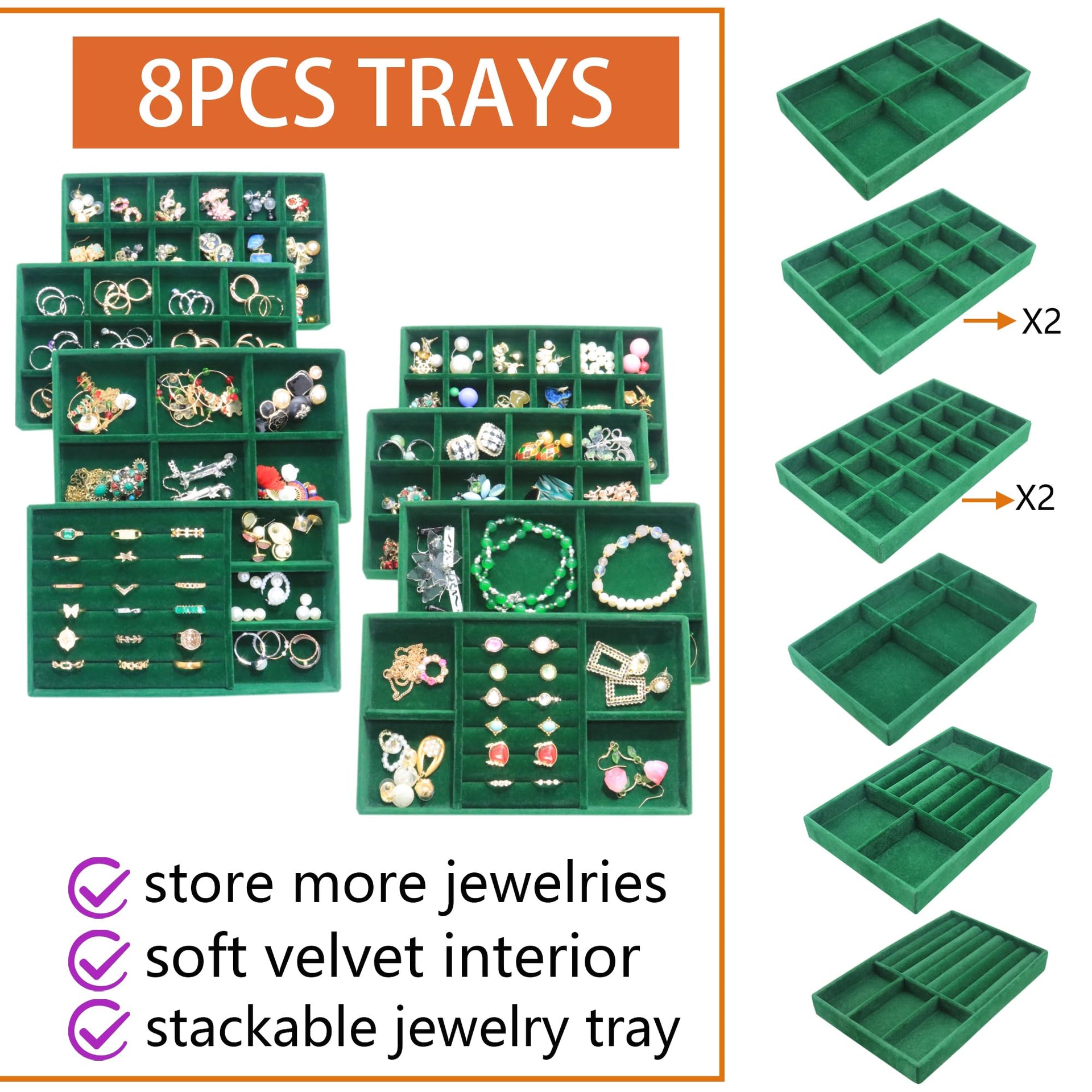 Jewelry Trays Organizer Set of 8 Stackable Jewellry Organizer Trays for Drawers Jewelryy Display Necklace Earring Bracelet (8 Count)