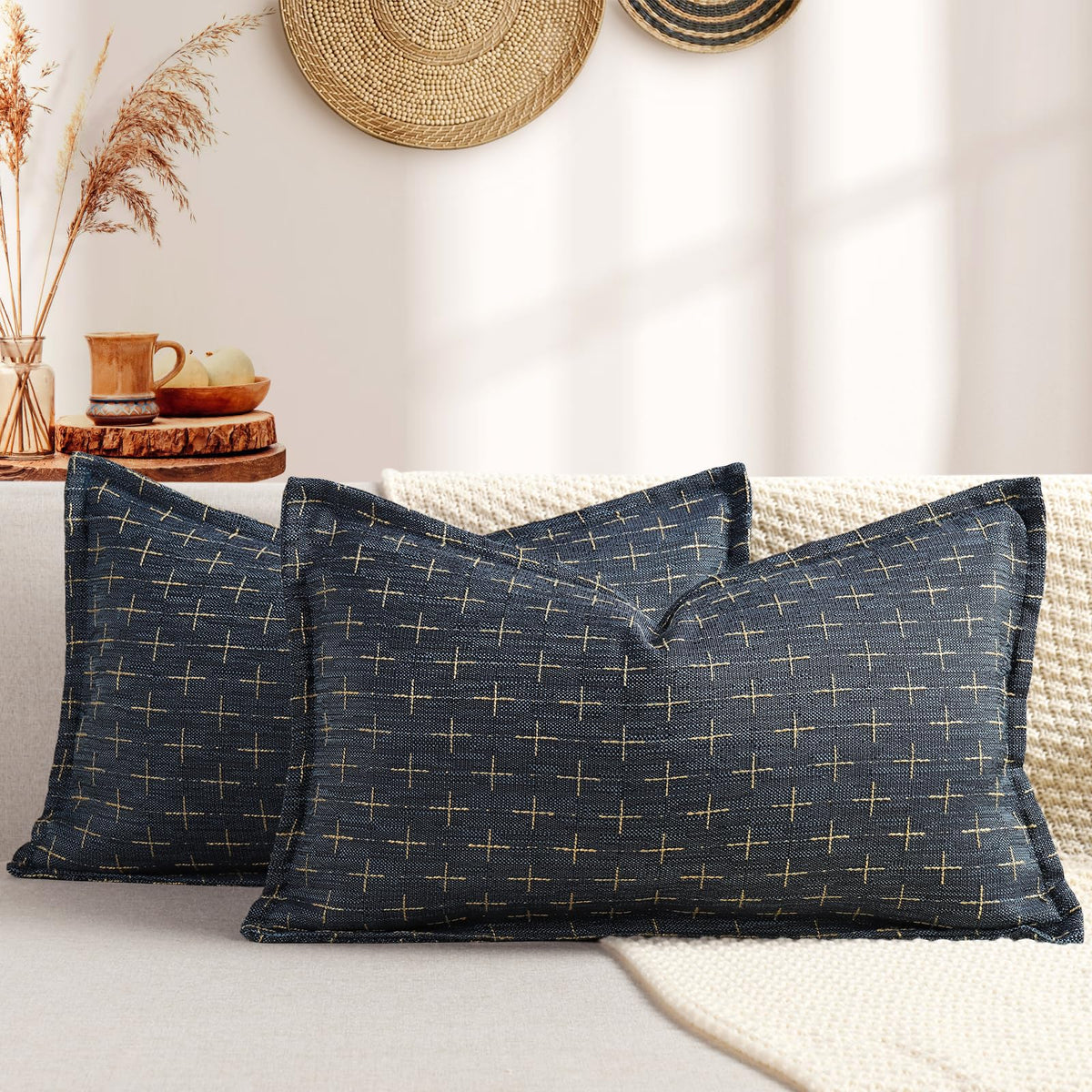 12x20 Pillow Covers Set of 2 Soft Polyester Textured Pillow Covers with Stylish Flange Edge Cozy Farmhouse Throw Pillows for Couch Bed Sofa Living Room (2 Count)