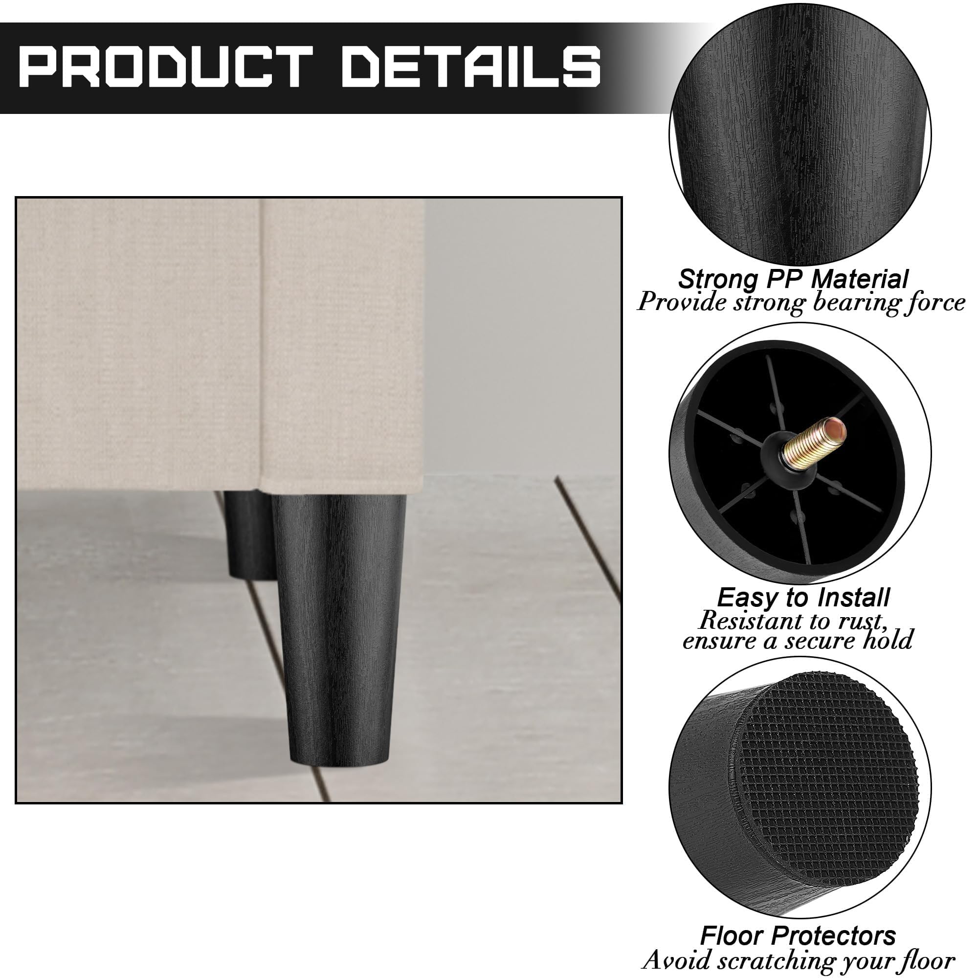 16 Pack 6 Inch Plastic Furniture Legs with M8 T (16 Count)