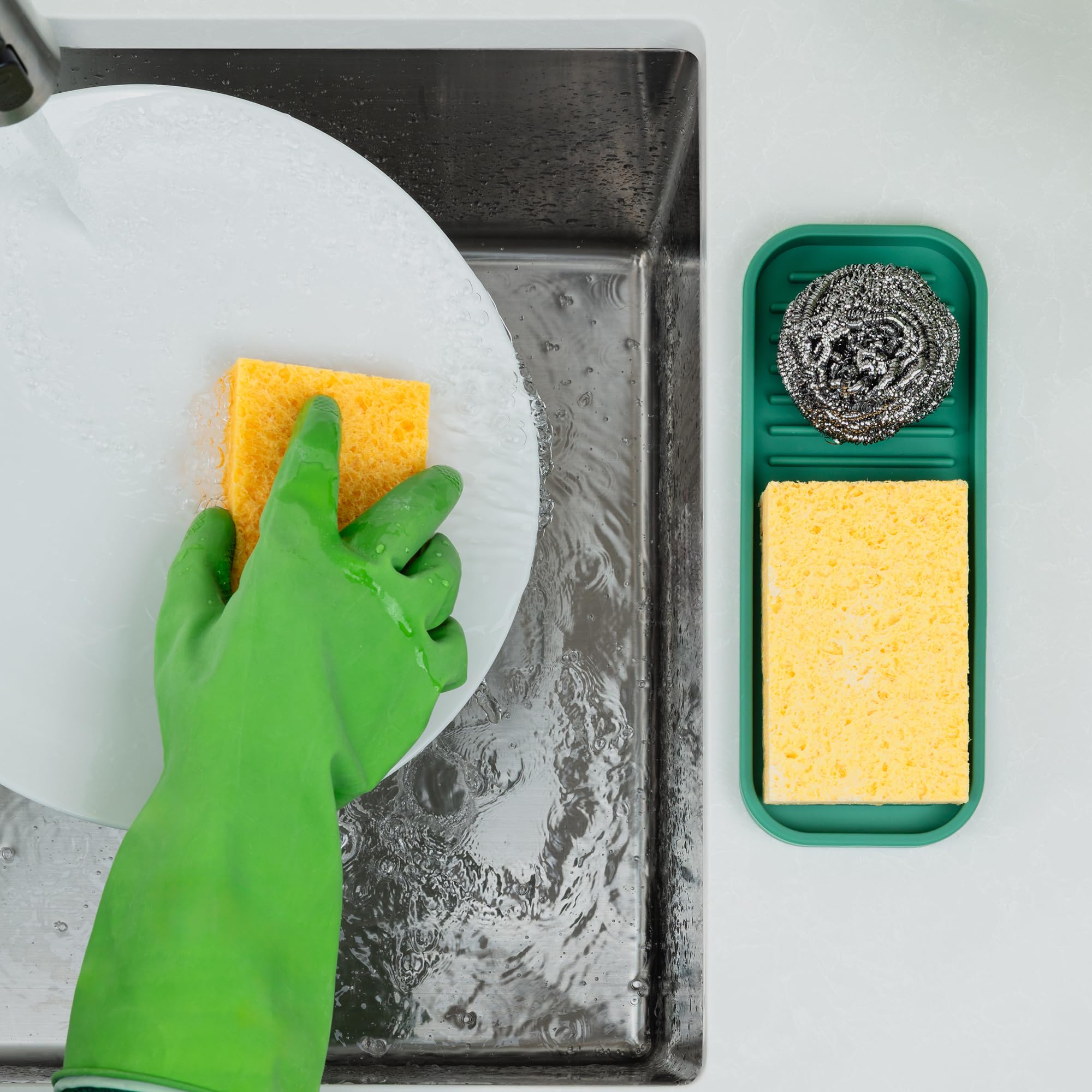 9x3.5) Silicone Sponge Holder for Kitchen Sink - Flexible Multipurpose Soap Tray - Sink Organizer for Kitchen, Bathroom, Makeup, Trinkets & More (Pine Green)