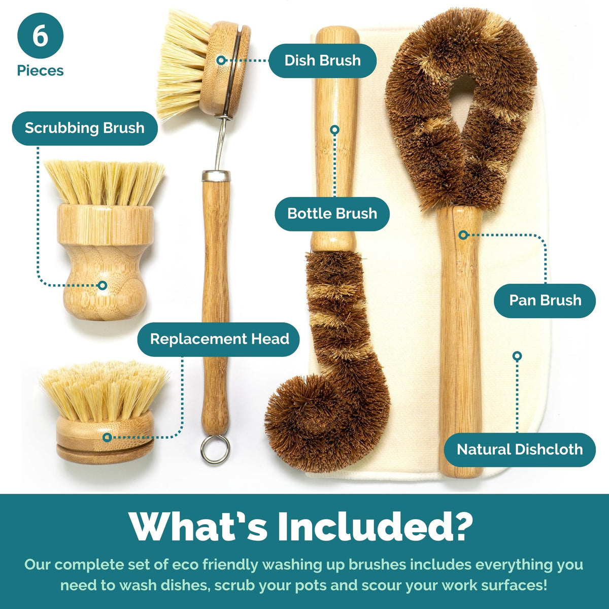 Bamboo Dish Brush Set • 6 Piece with Bottle Brush & Scrubber (6 Count)