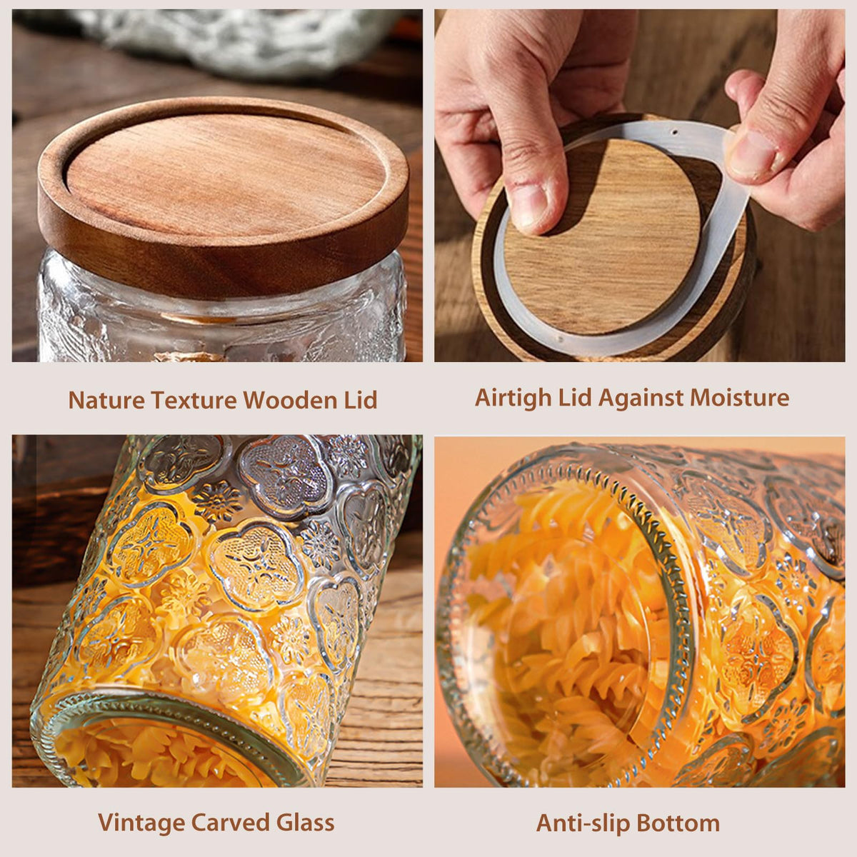 34 OZ 2 PCS Glass Storage Jar with Airtight Bamboo Wooden Lids