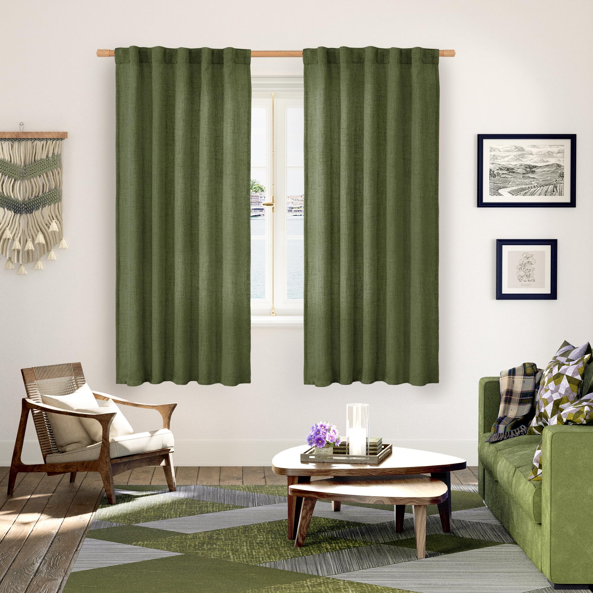 Olive Green Linen Curtains for Living Room 72 Inch Length (2 Count)