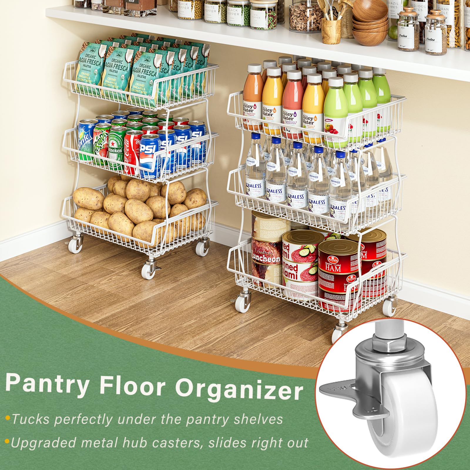Pantry Organizers and Storage Cart with Upgraded Metal Hub Casters