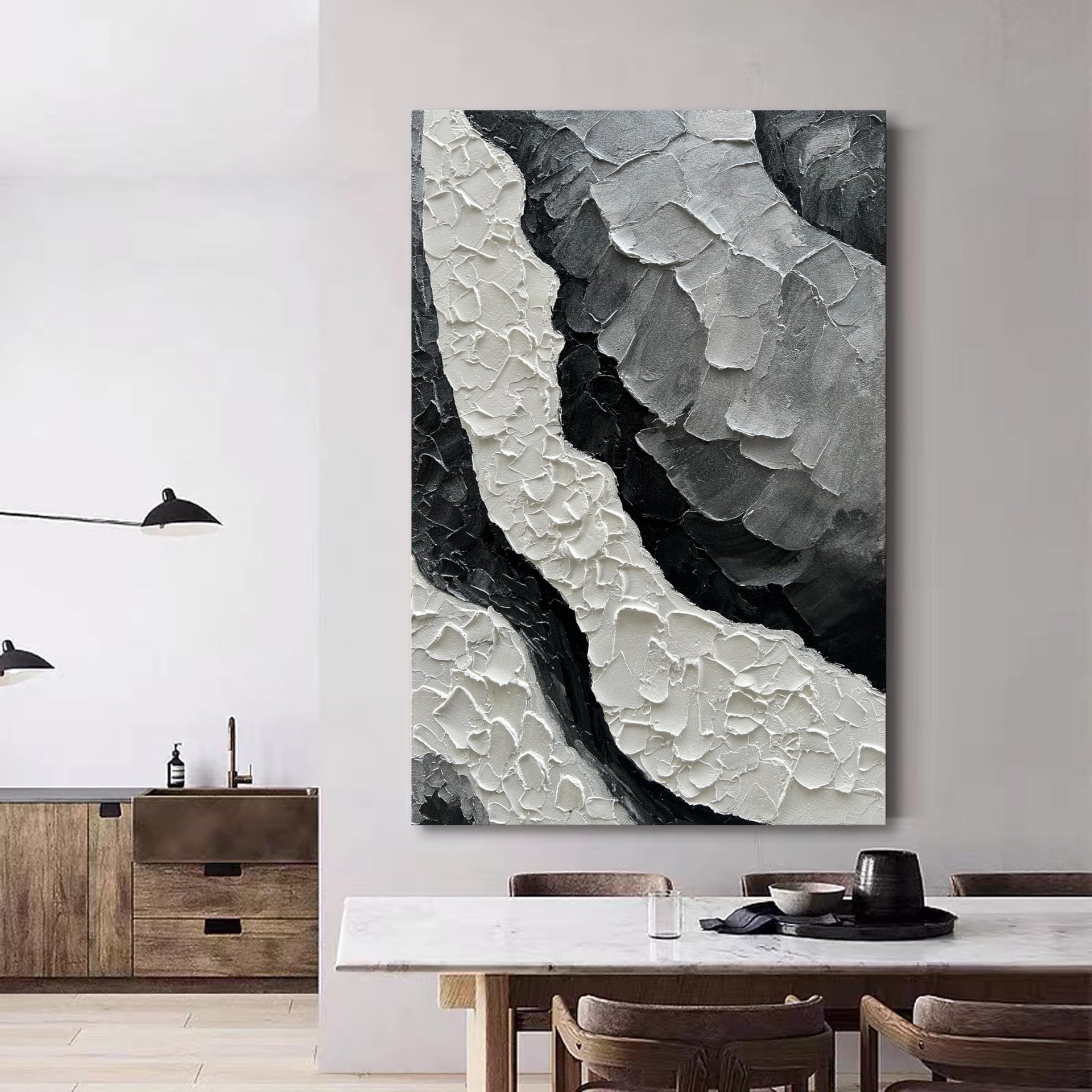 Art Hand Painted Thick Texture Black and White Minimalist Oil Painting 45x30 inch Large Office Corridor Living Room Wall Decorative Art Painting