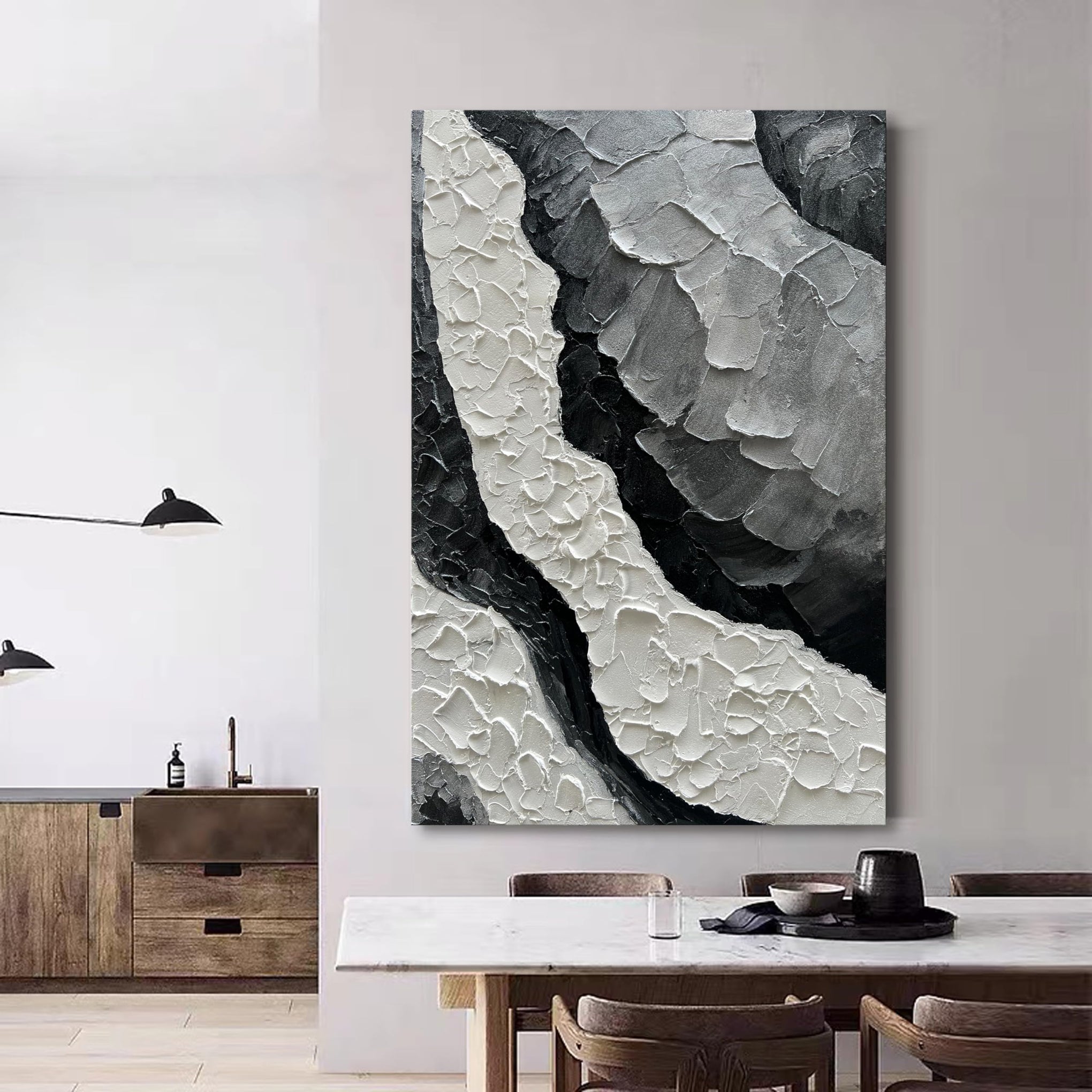 Art Hand Painted Thick Texture Black and White Minimalist Oil Painting 45x30 inch Large Office Corridor Living Room Wall Decorative Art Painting