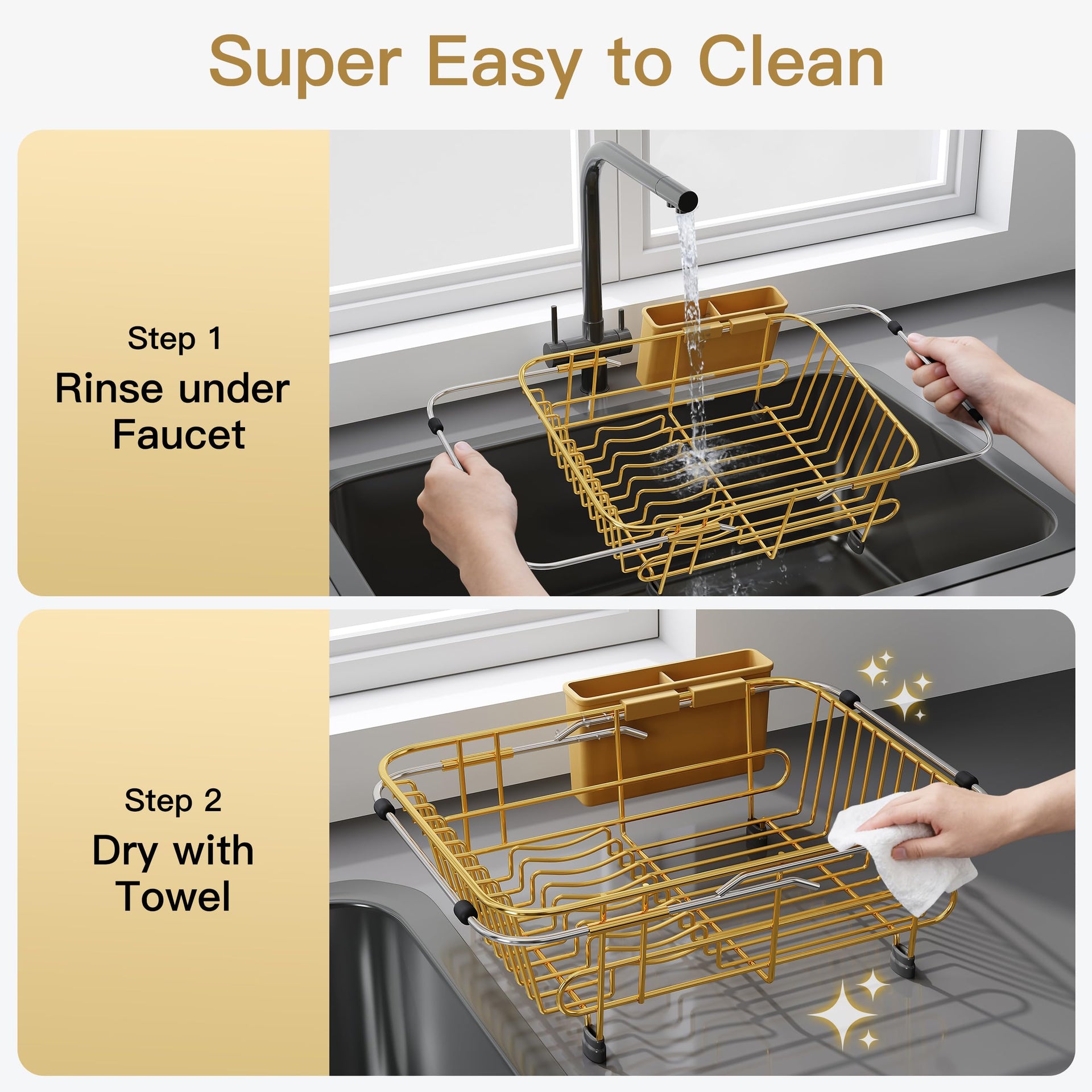 Gold Dish Drying Rack in Sink with Utensil Holder