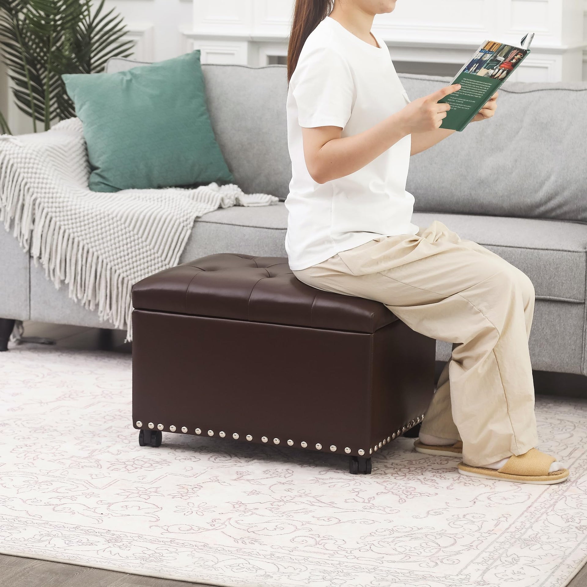 Leather Storage Ottoman with 360° Caster Wheels 24" Foot Rest Bench Rectangle Ottomans Stool for Living Room Bedroom