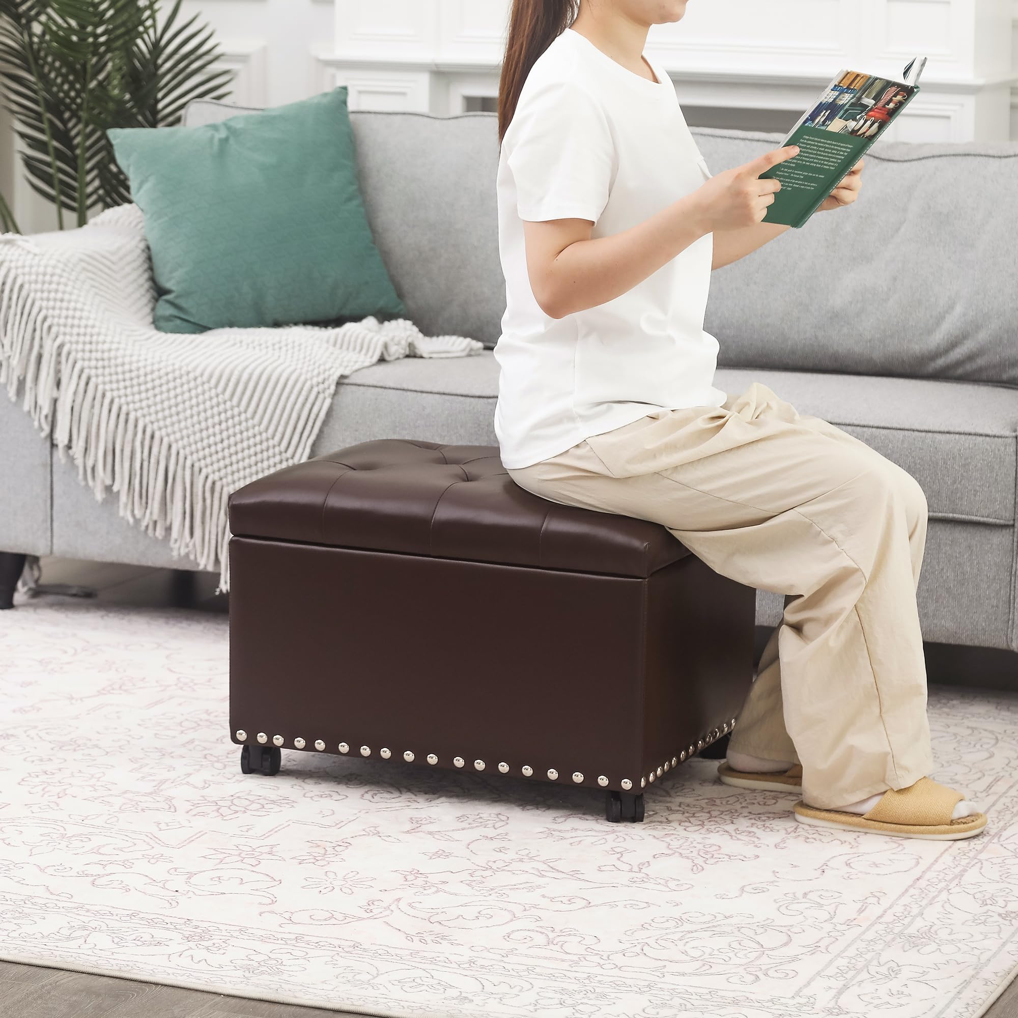 Leather Storage Ottoman with 360° Caster Wheels 24" Foot Rest Bench Rectangle Ottomans Stool for Living Room Bedroom