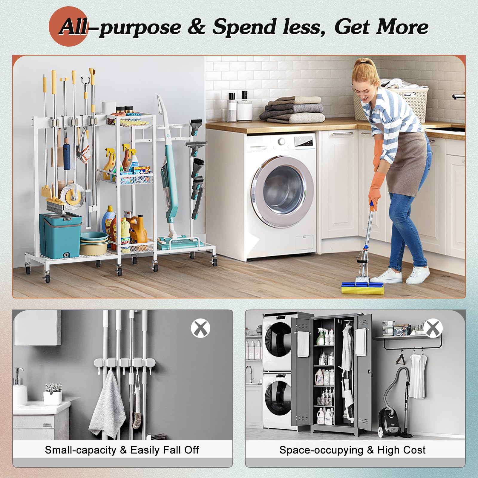 Broom Holder with Cleaning Supplies Organizer