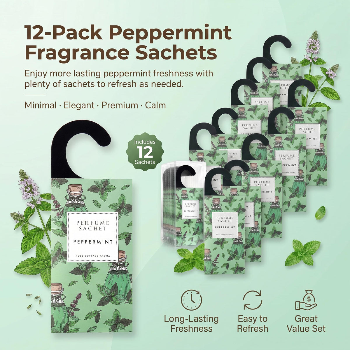 Large 12 Packs Peppermint Hanging Scented Sachets Long (12 Count)