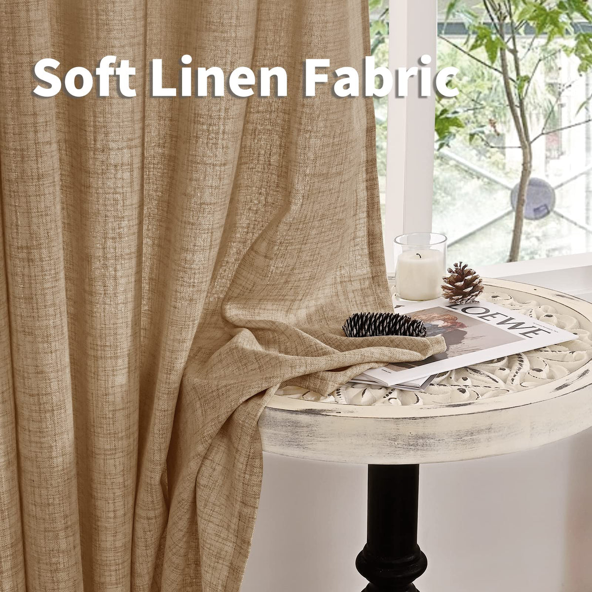 Burlap Linen Curtains 63 Inch Length for Living Room Window (2 Count)