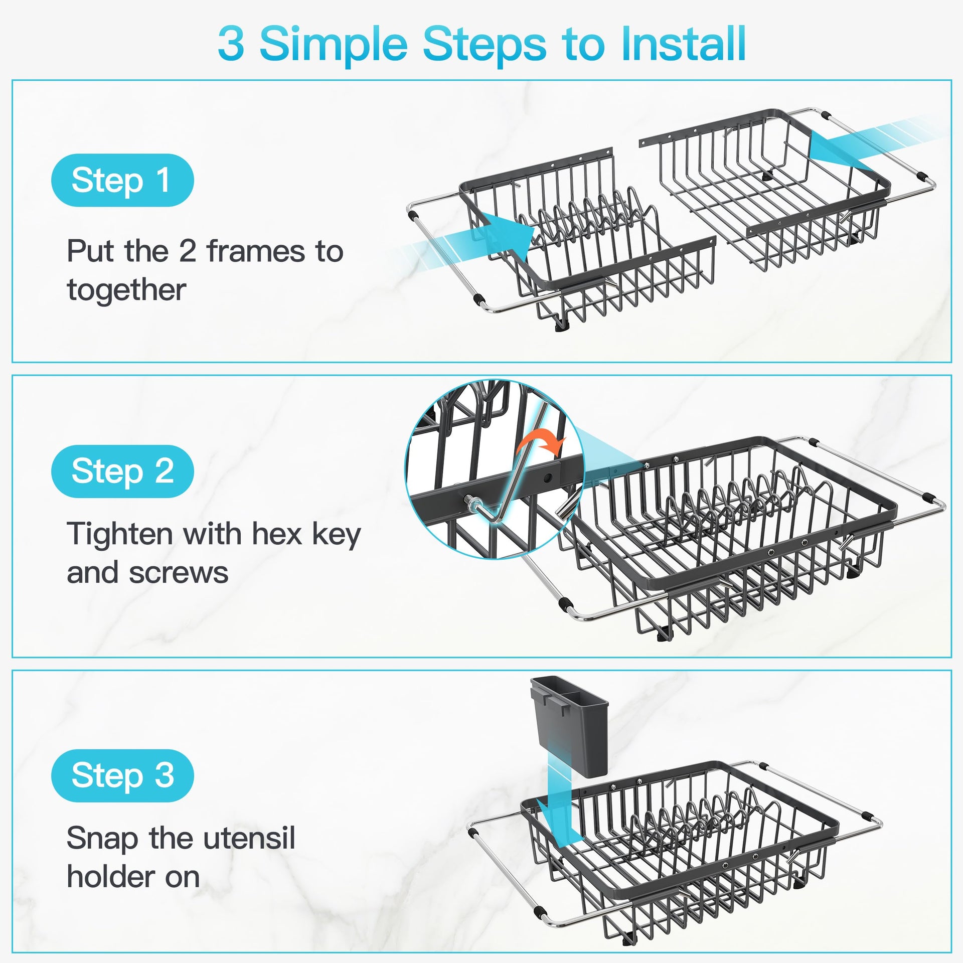 Gray Dish Drying Rack Over the Sink with Utensil Holder