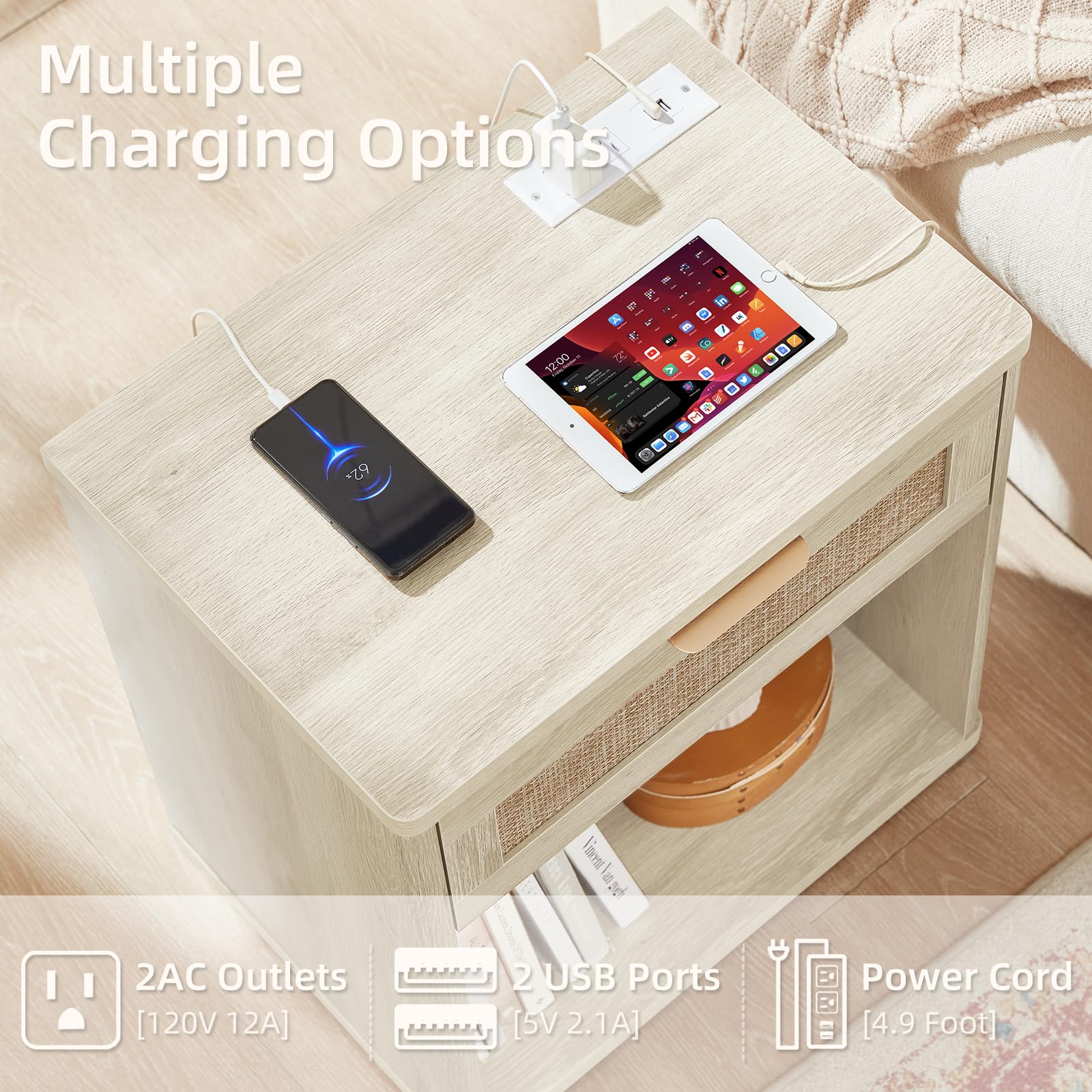 Rattan Nightstand with Charging Station