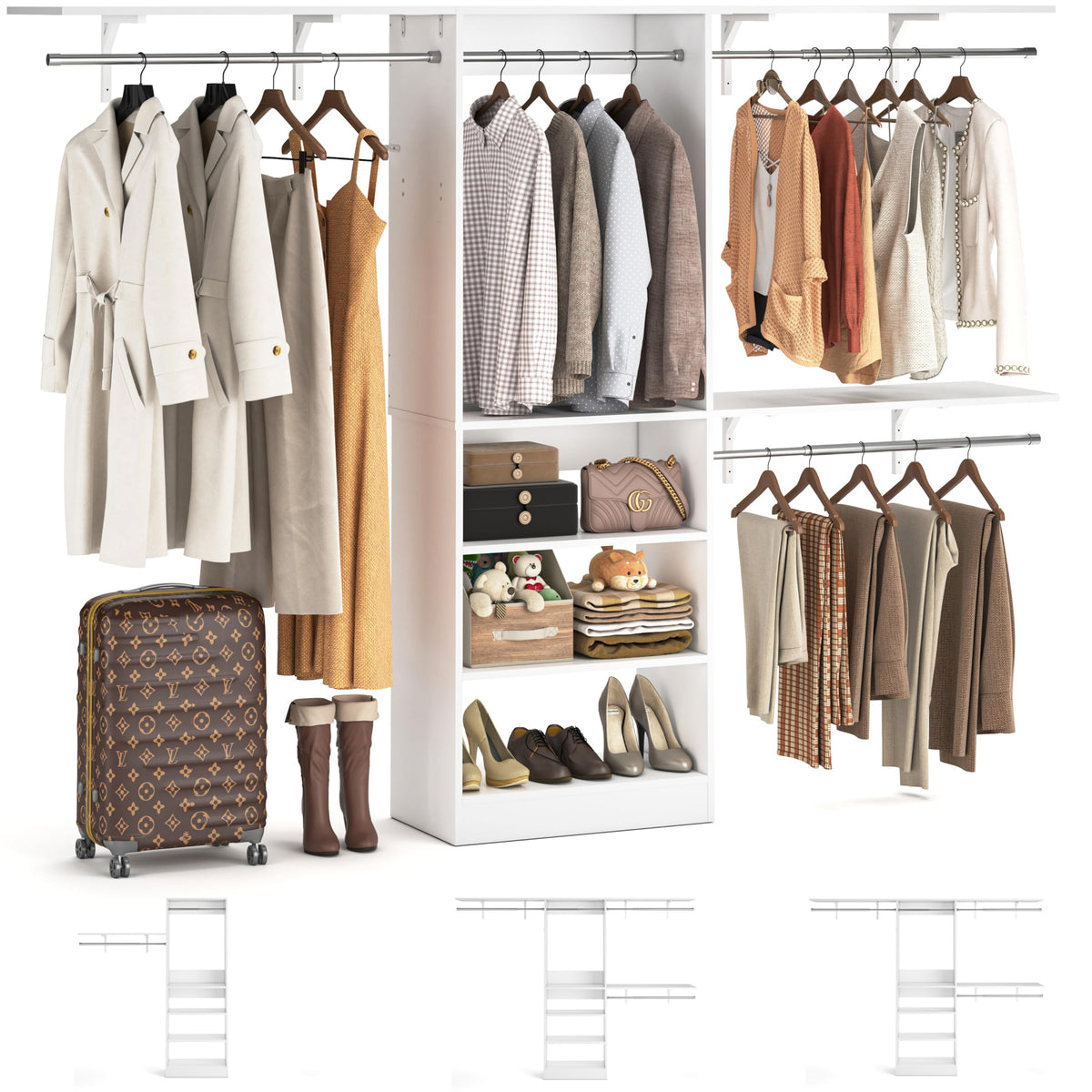 8FT Closet System with 3 Wooden Storage Shelves