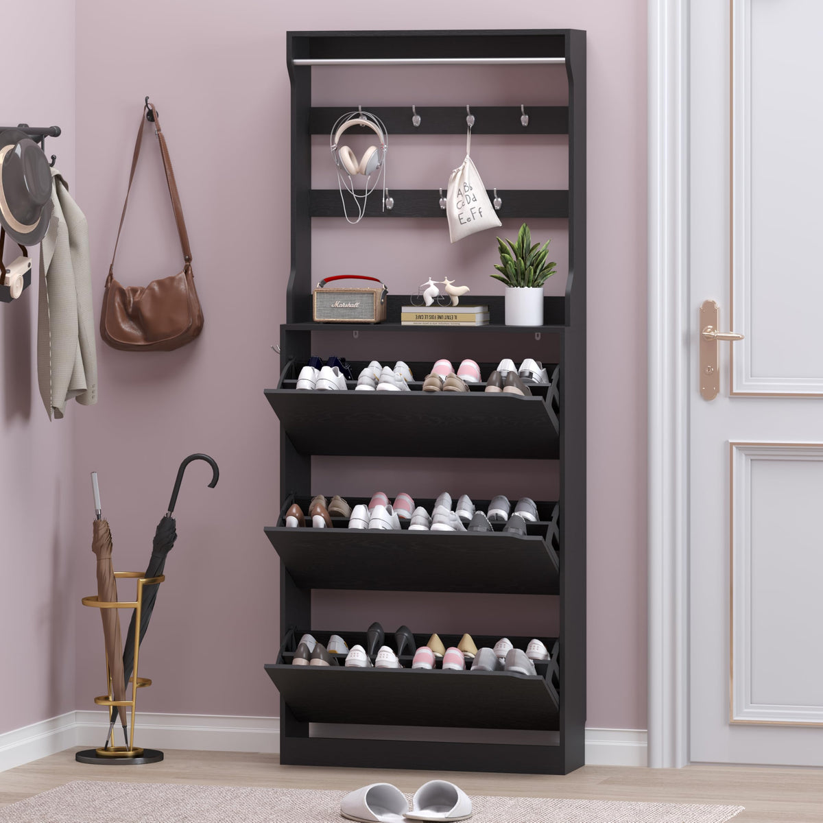 Shoe Cabinet with 3 Flip Drawers & Coat Rack