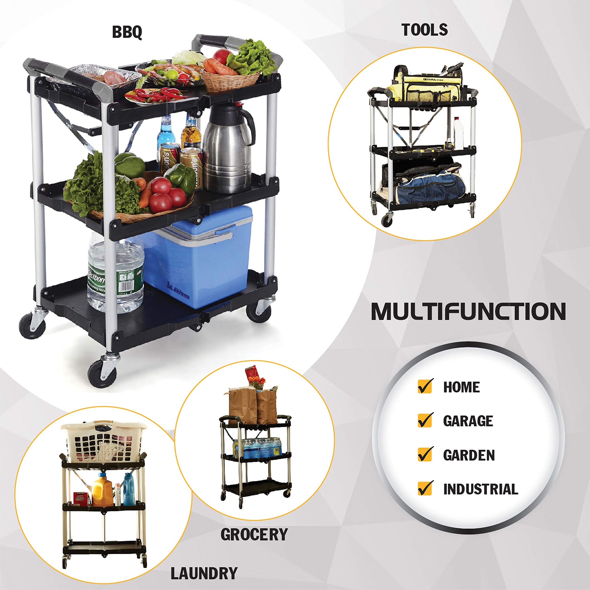 85-188 Pack-N-Roll Folding Collapsible Service Cart, 150LB Capacity, Black