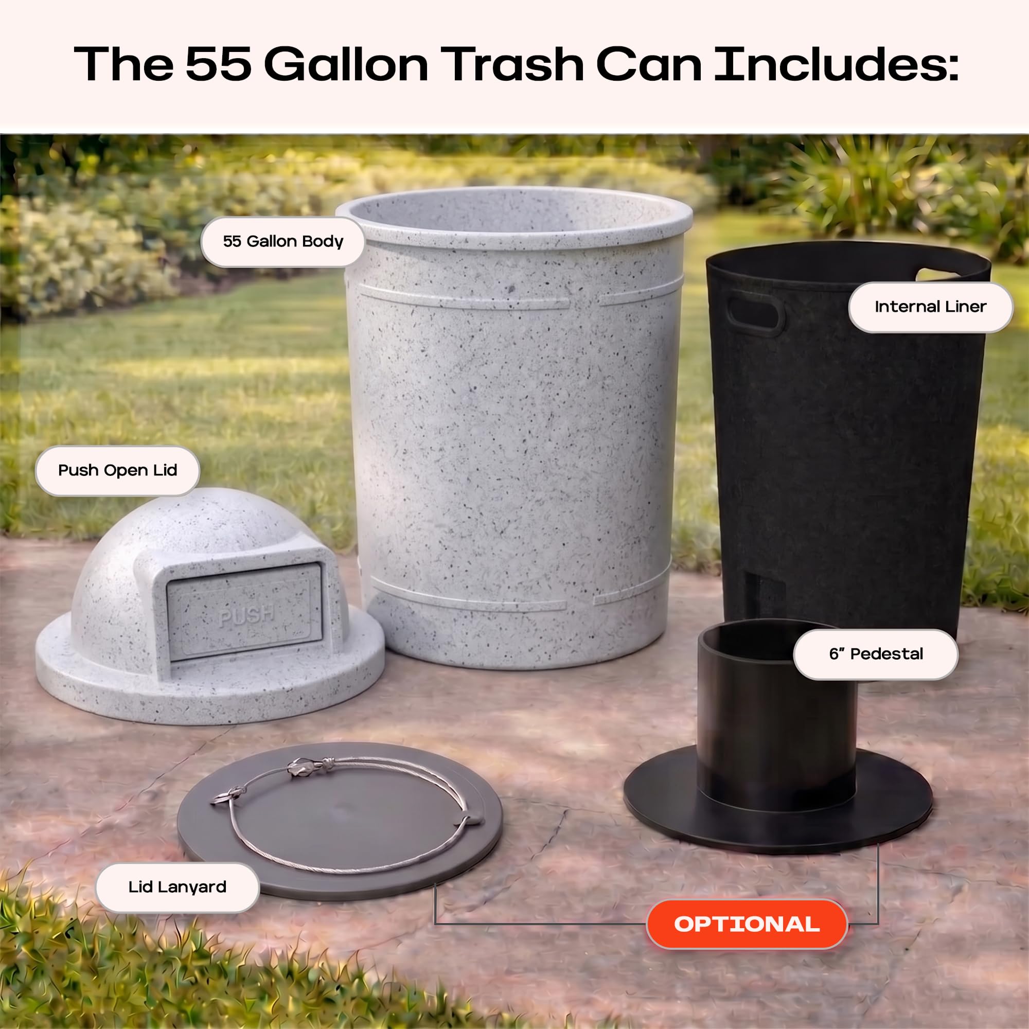 Campus Collection 55 Gallon Plastic Commercial Garbage Can with Push Lid