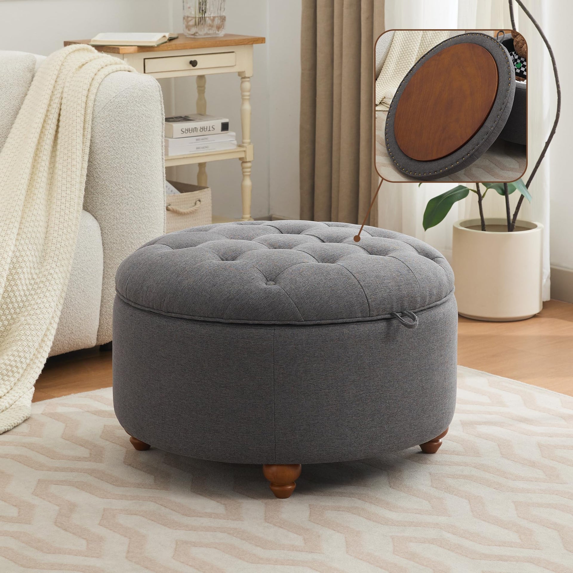 30Inch Round Storage Ottoman with Tray