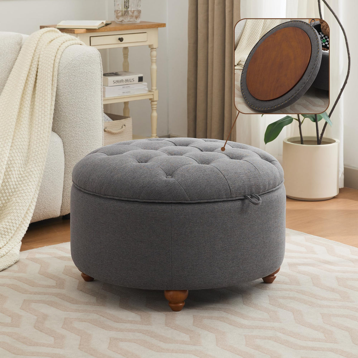 30Inch Round Storage Ottoman with Tray