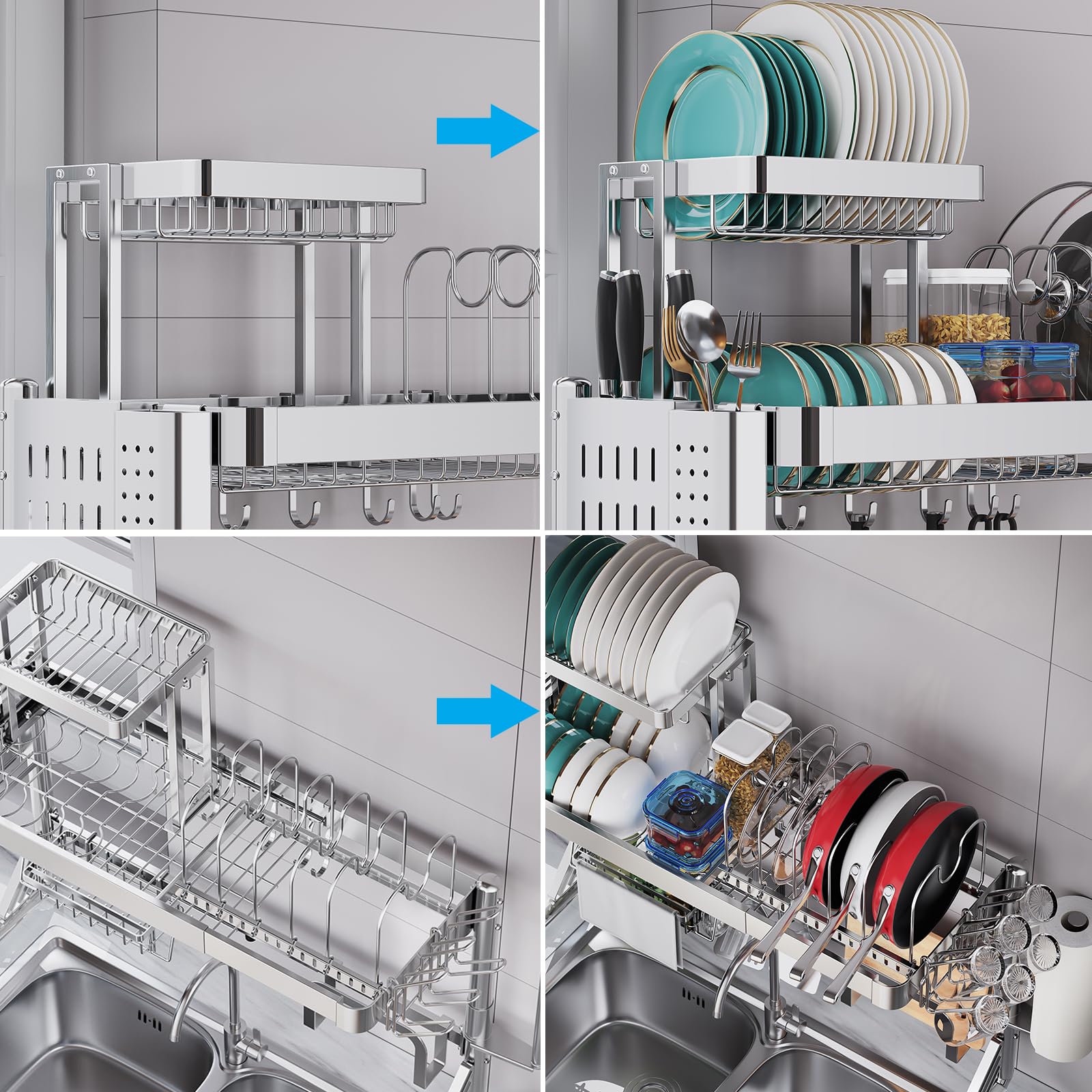 Upgrade 3 Tier Over Sink Dish Drying Rack Adjustable Width