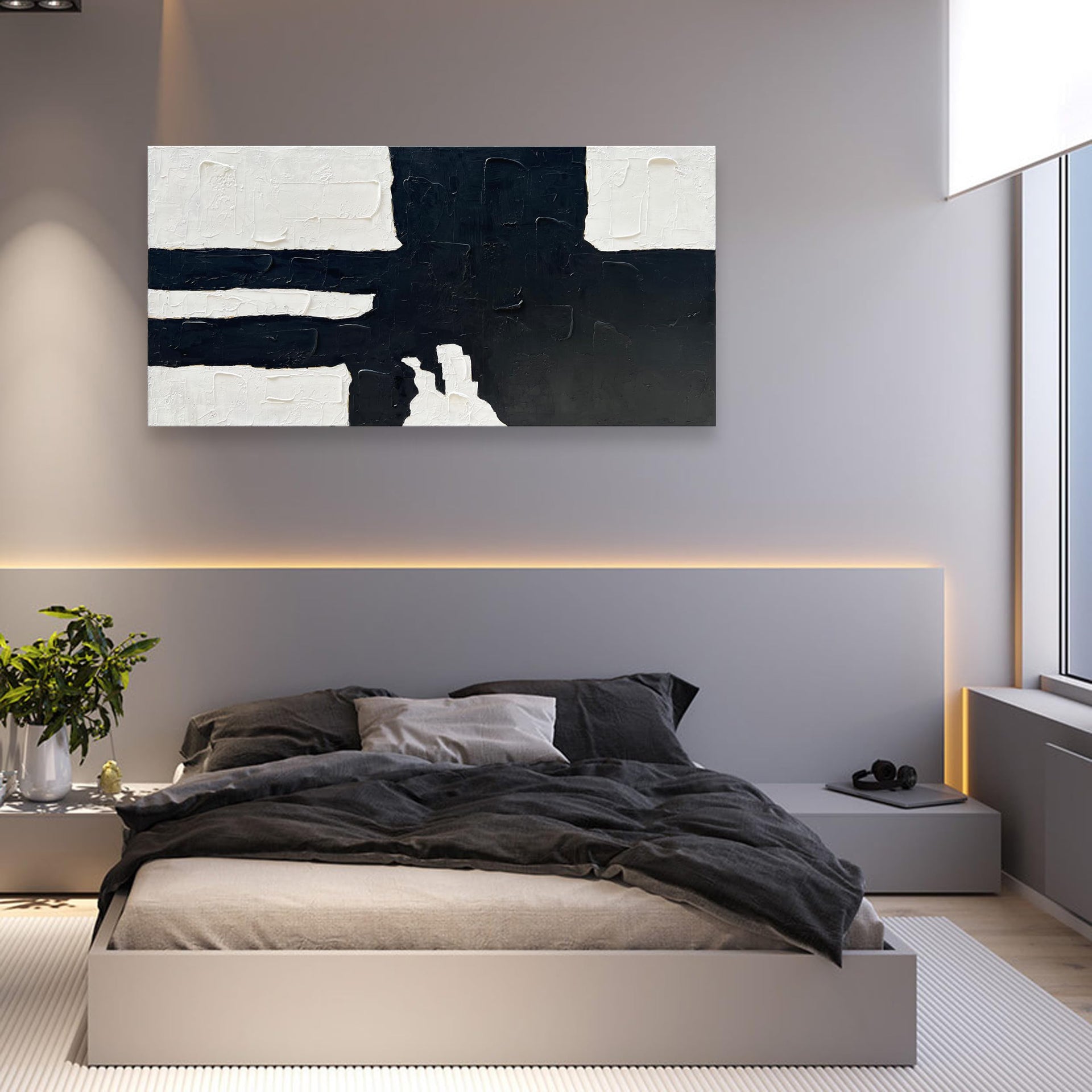 Hand Painted Black and white minimalist style abstract art painting for large