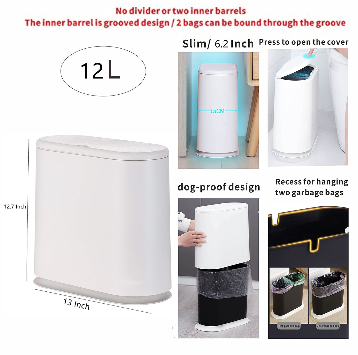 White Slim Bathroom Trash Can with Press Top Lid