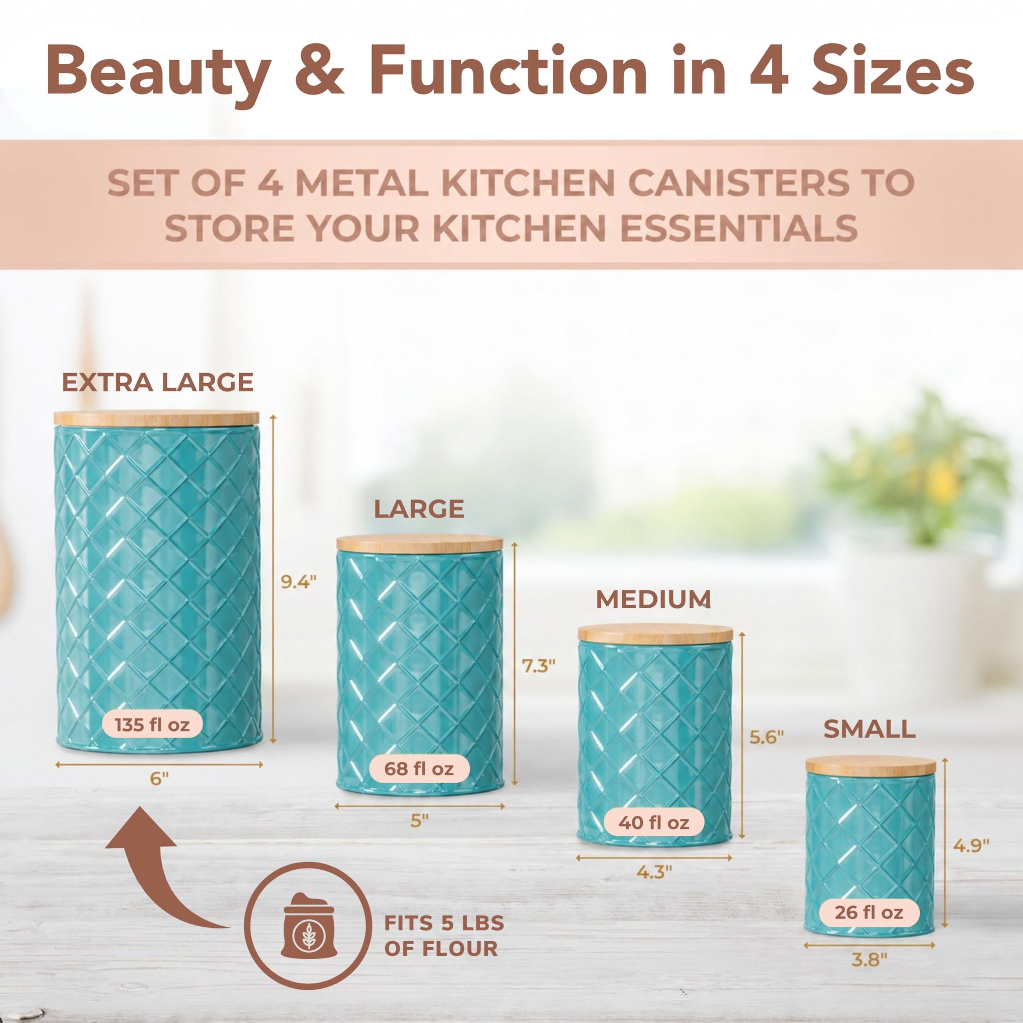 Coastal Teal Metal Canister Set for the Kitchen with Measuring Spoon (4 Count)