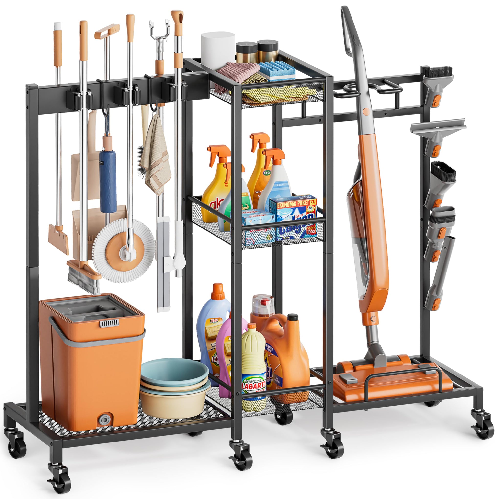 Broom Holder with Cleaning Supplies Organizer
