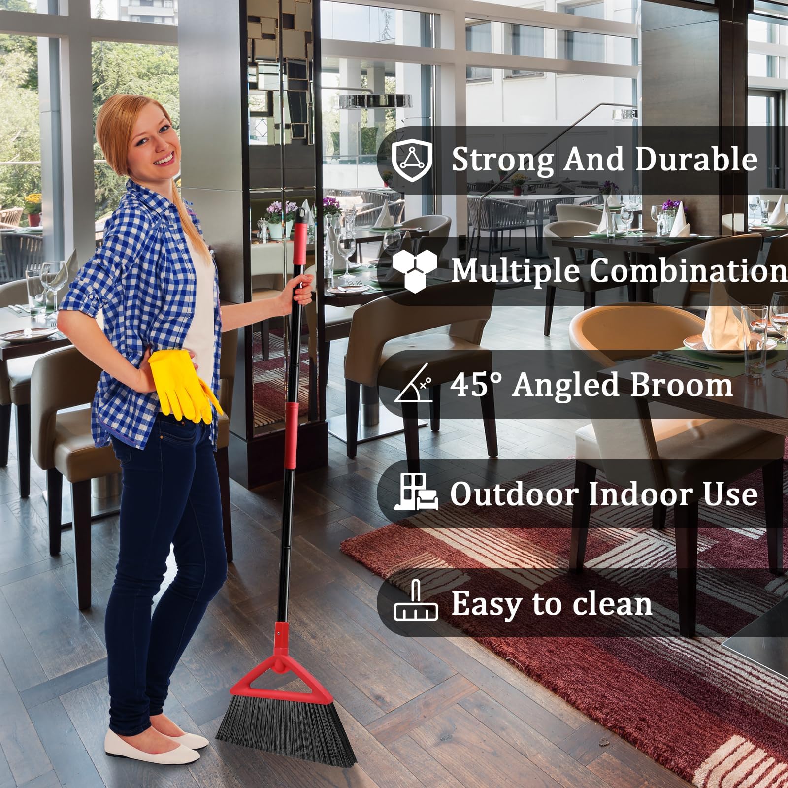 Heavy Duty Red Angle Broom with Long Handle (4 Count)