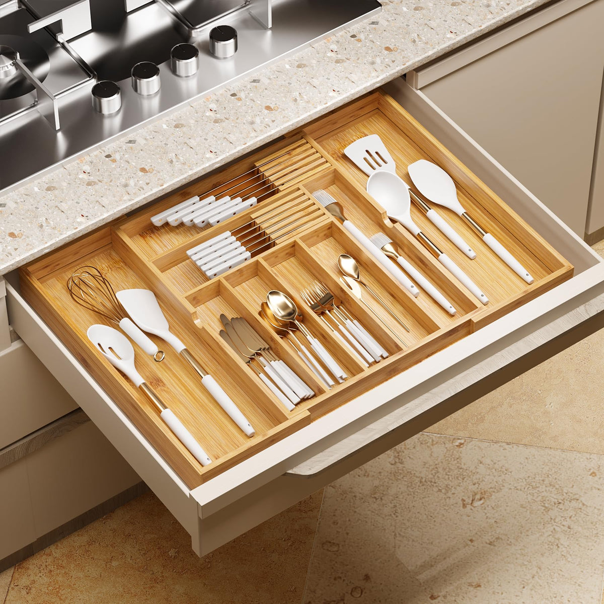 Bamboo Drawer Organizer Expandable Kitchen Silverware Organizer with 7