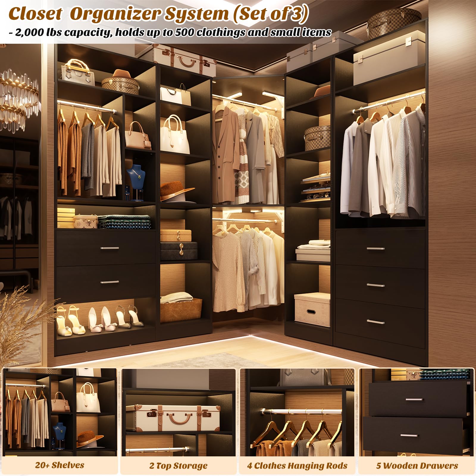Corner Closet System with 5 Drawers