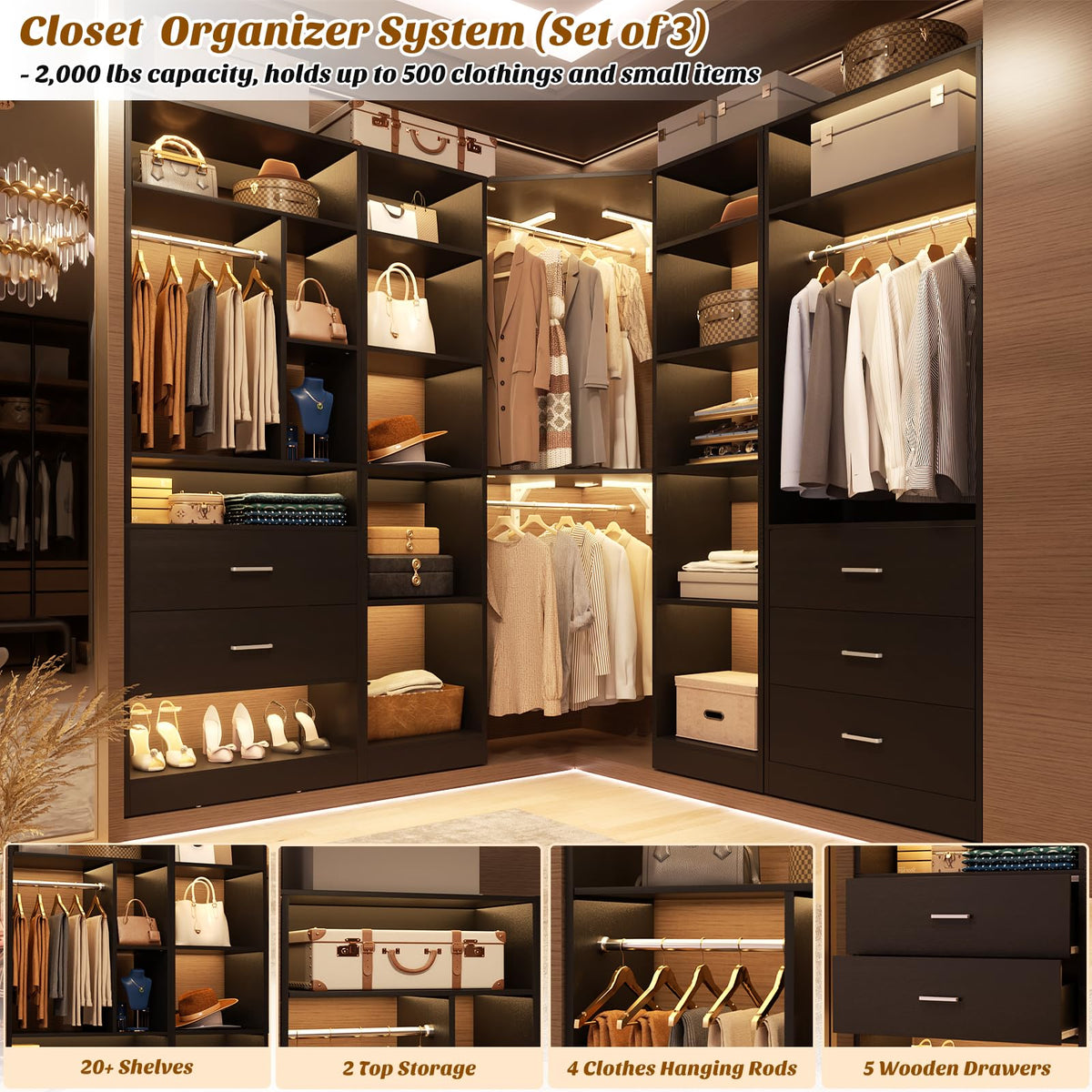 Corner Closet System with 5 Drawers