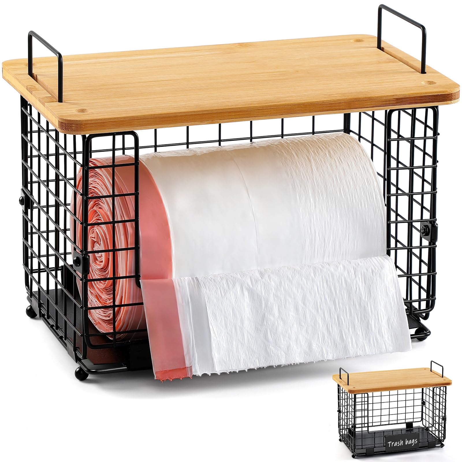 1 Pack Stackable Storage Trash Bag Baskets with Bamboo Top