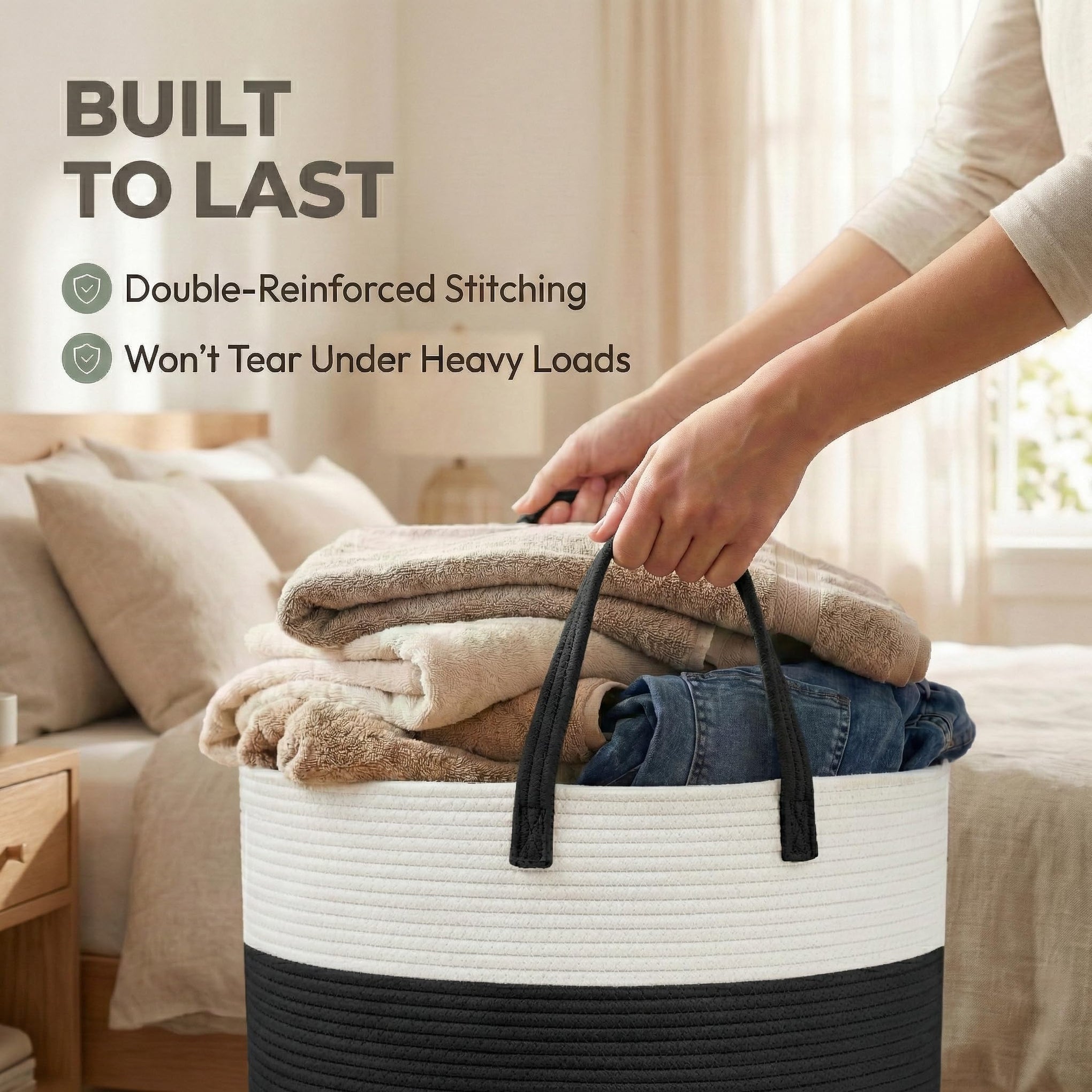 65L Extra Large Machine Washable Cotton Rope Blanket Basket