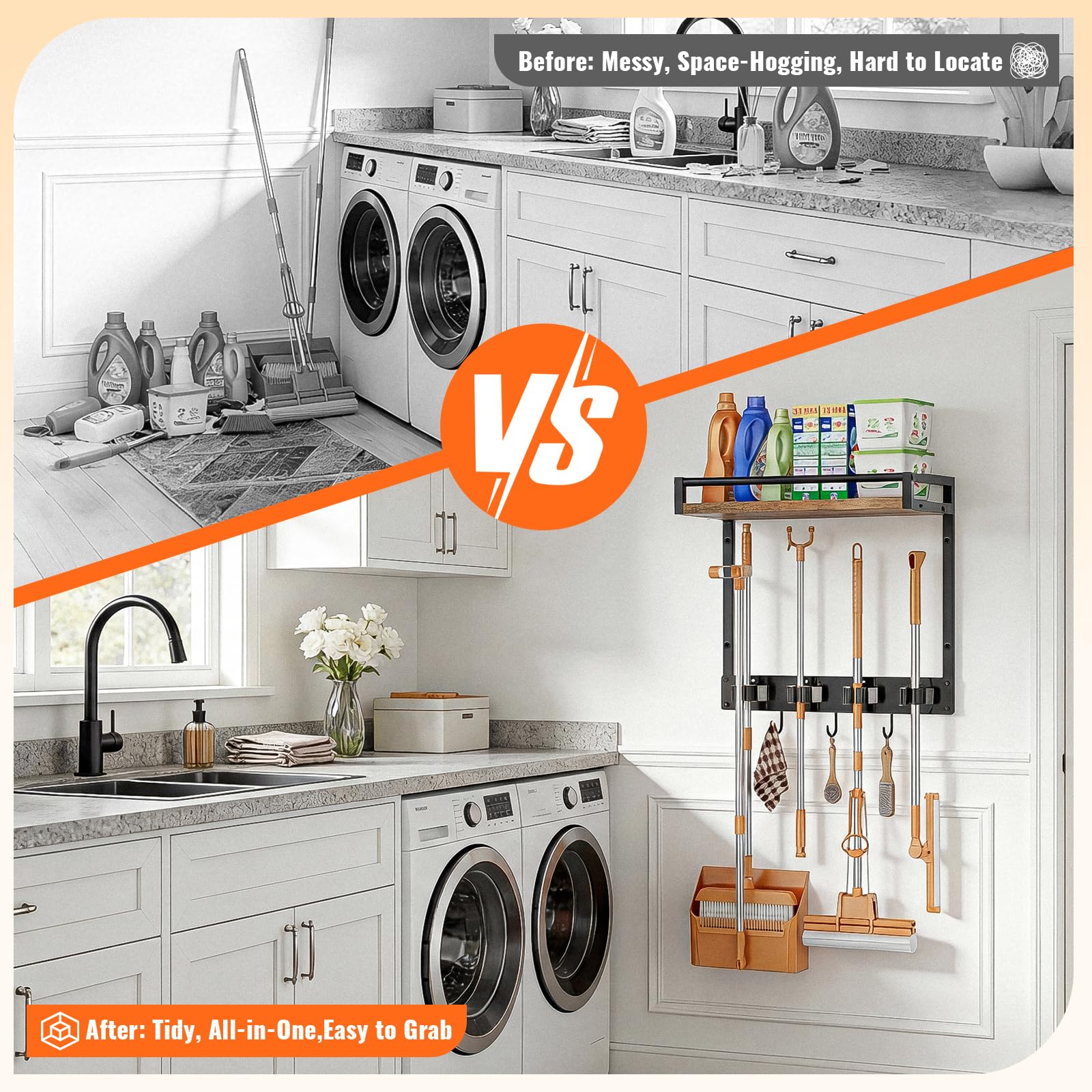 Broom Holder Wall Mount with Shelf