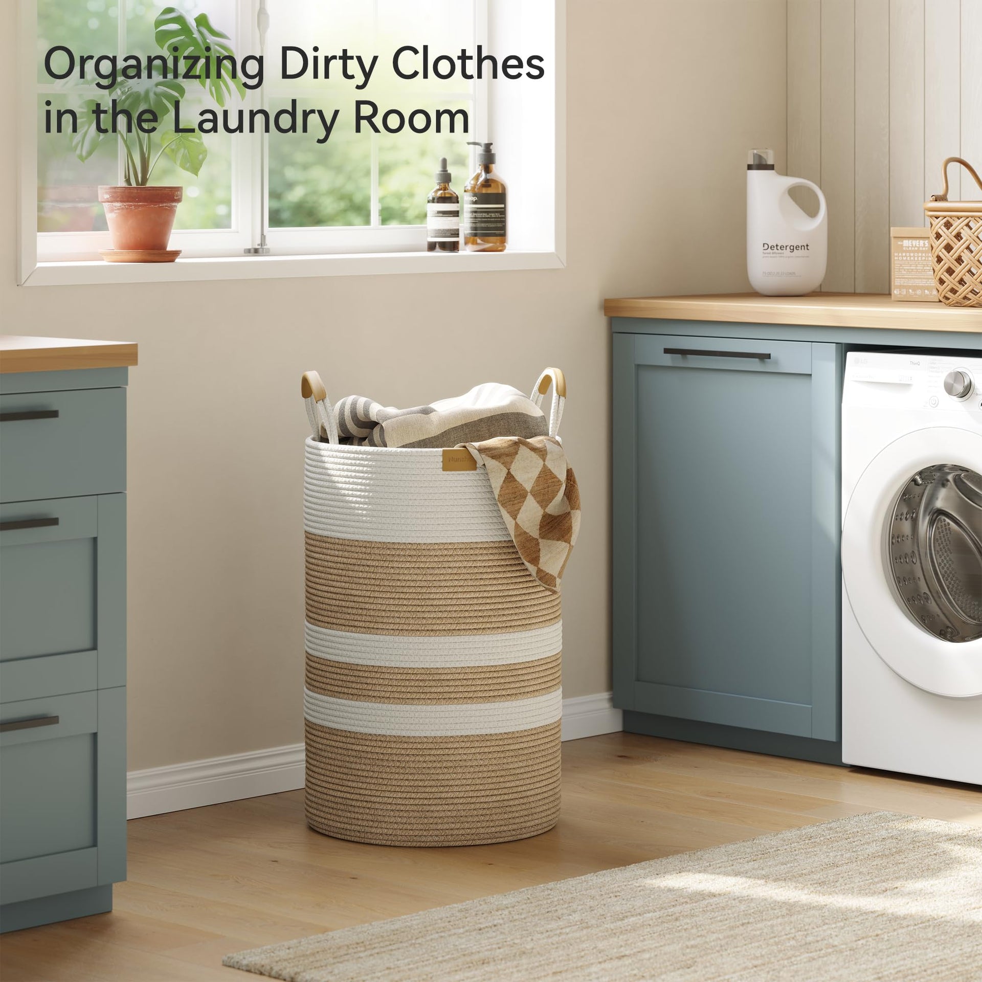 75L Striped Laundry Hamper with Leather Handles